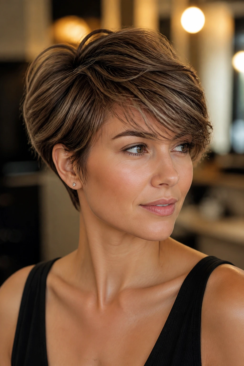 Close-up of a real woman with feathered side-sweep long pixie fringe across the forehead.