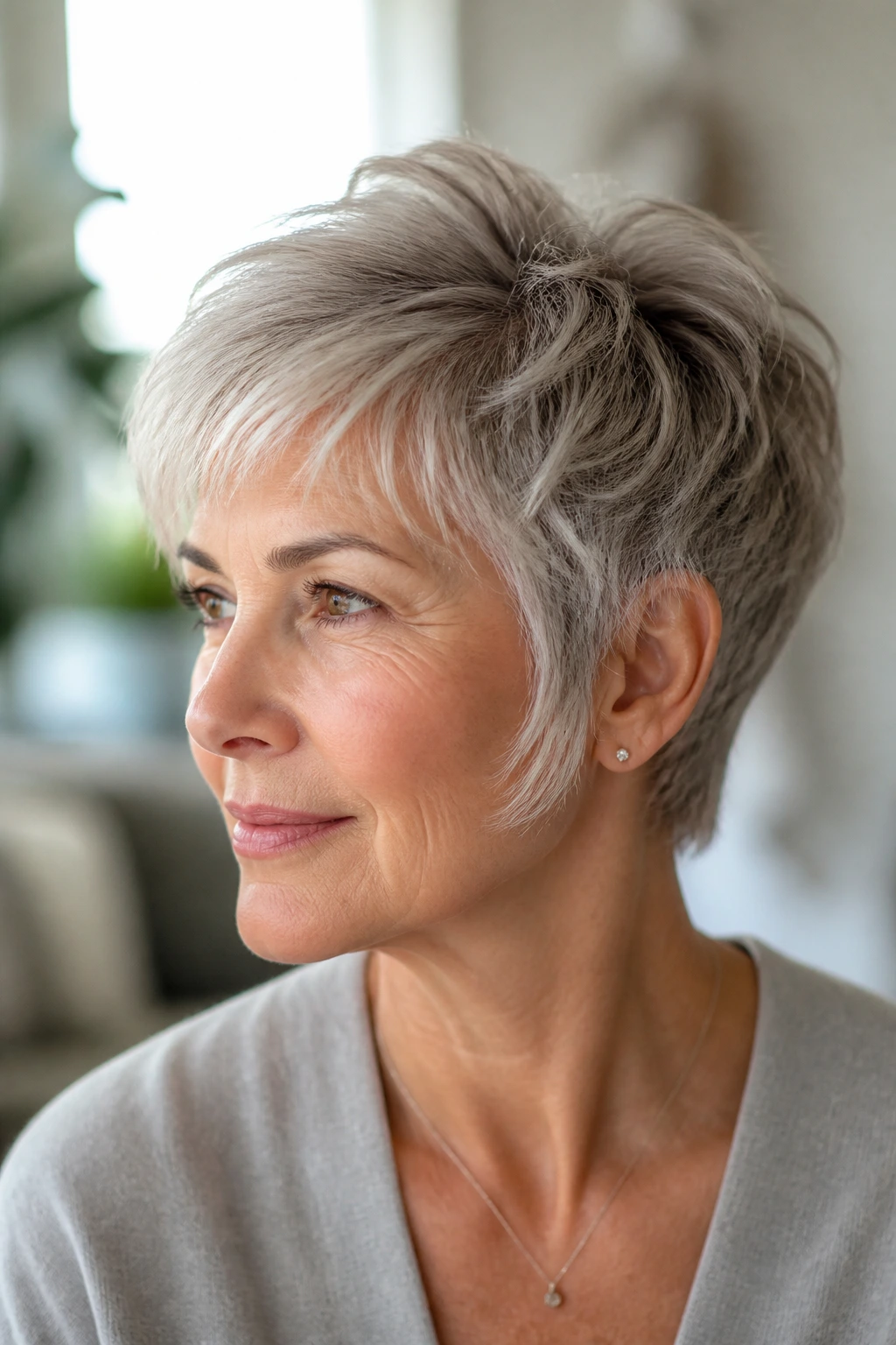 Close-up of a real woman with a feathered pixie and longer sideburns in natural light