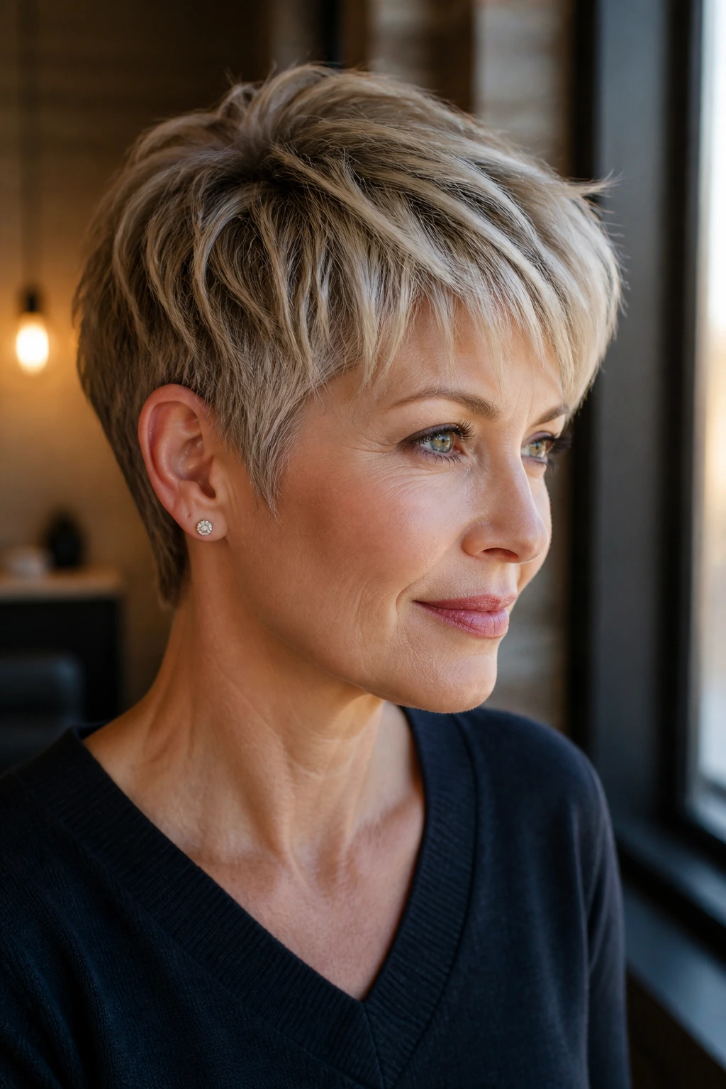 Close-up portrait of a real woman with a feathered pixie and soft crown