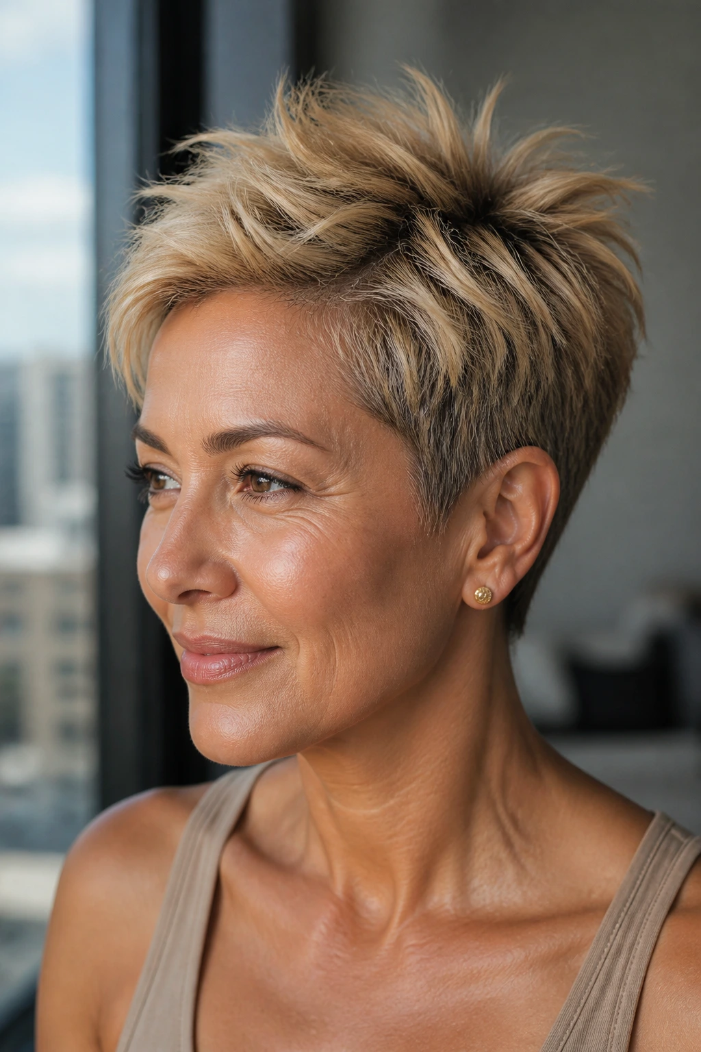 Close-up of a real woman with a feathered pixie and warm gold texture in natural light