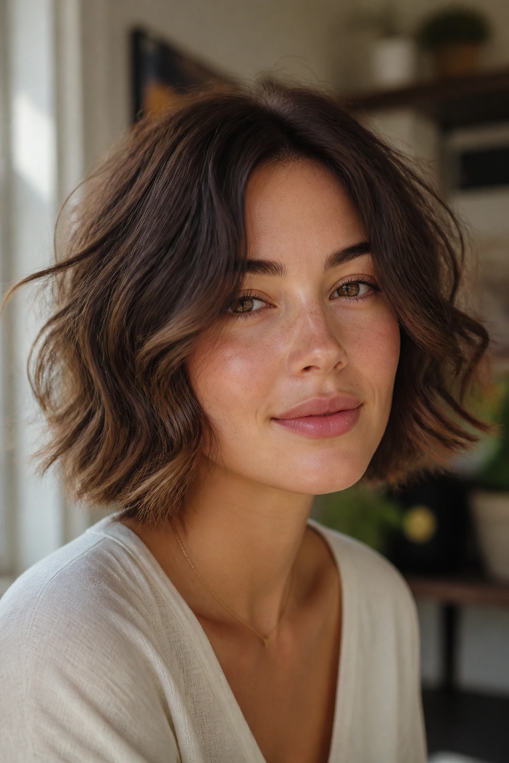Close-up of a real woman with a feathered razor-cut bob and soft waves in warm window light.