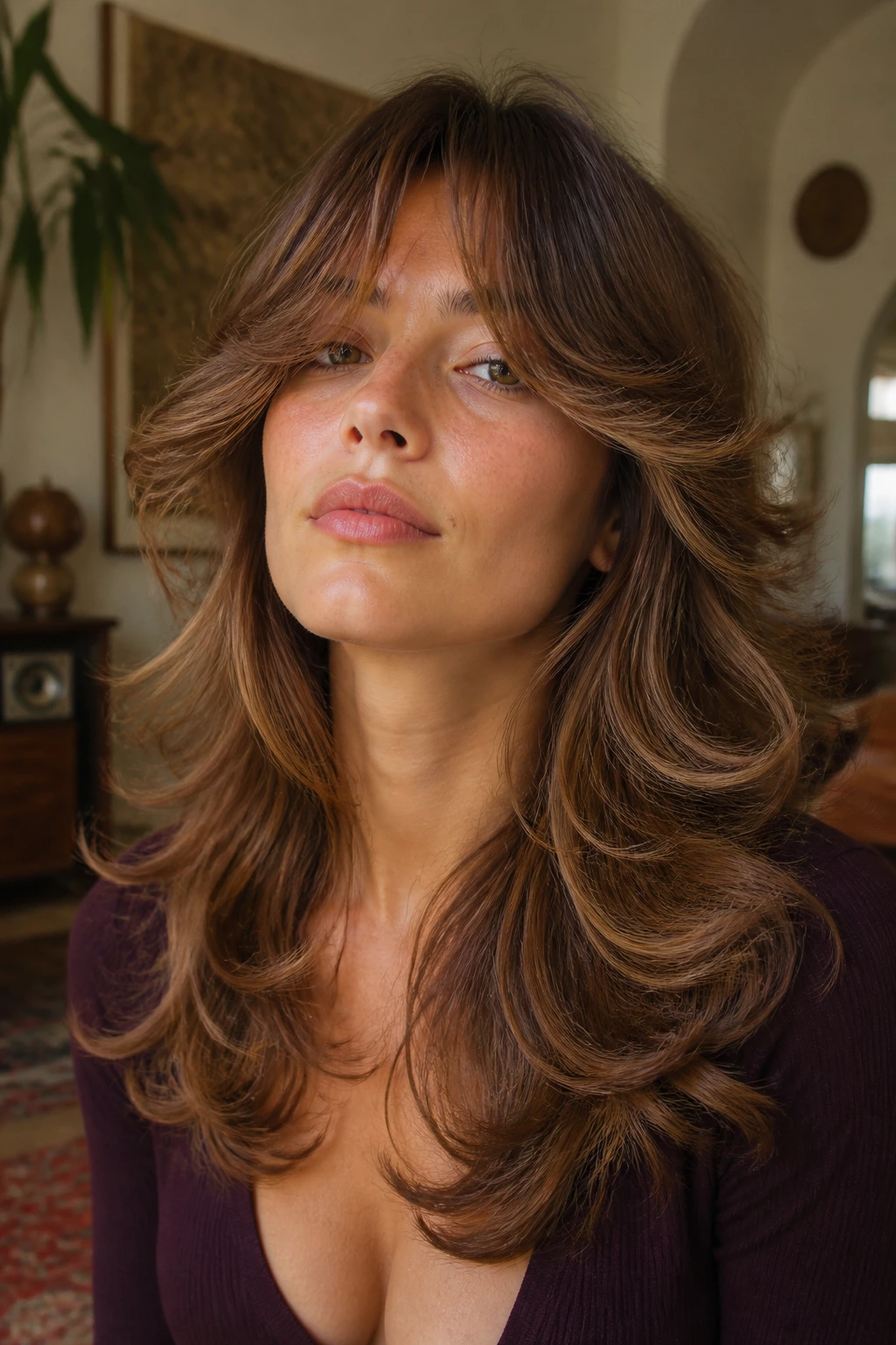 Close-up of feathered seventies shag with sweeping layers and face-framing movement