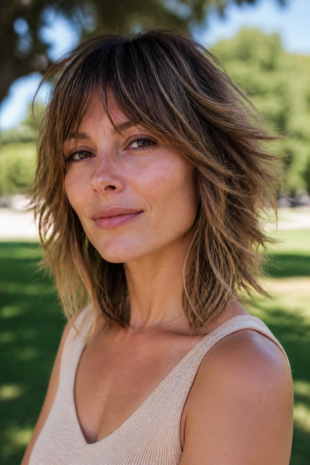 Real woman with feathered shag and airy ends close-up