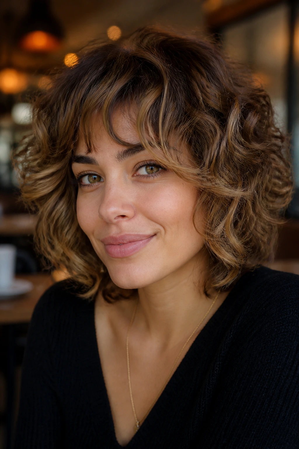 Feathered curly shag with face-framing babylights on real person
