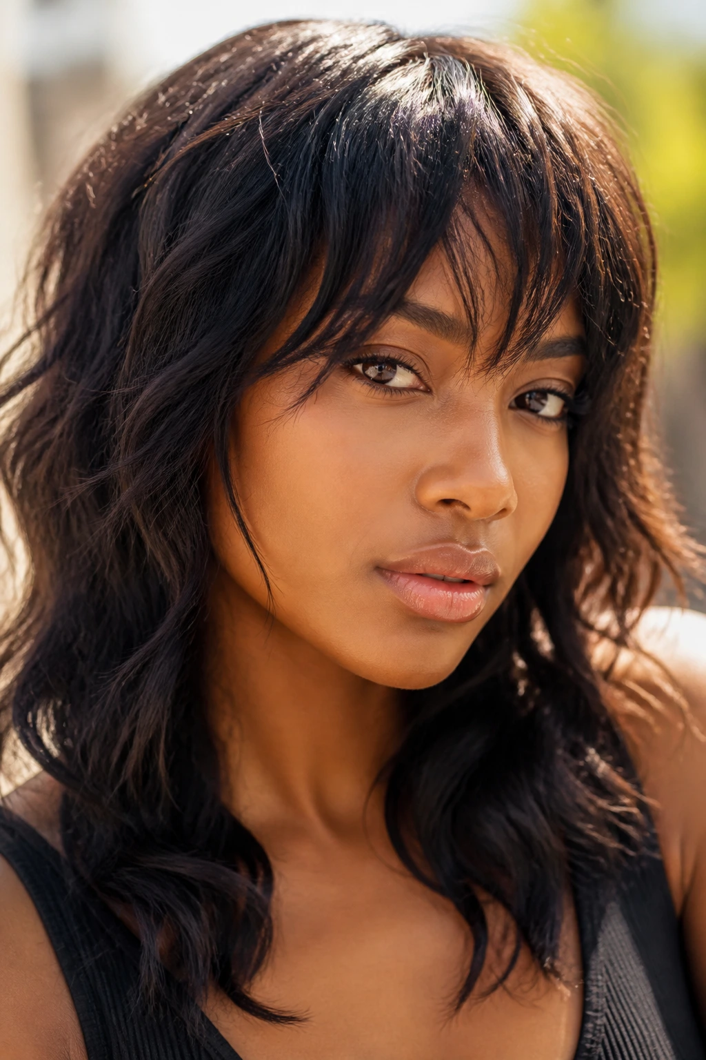 Close-up of a Black woman with feathered shag bangs and wispy ends