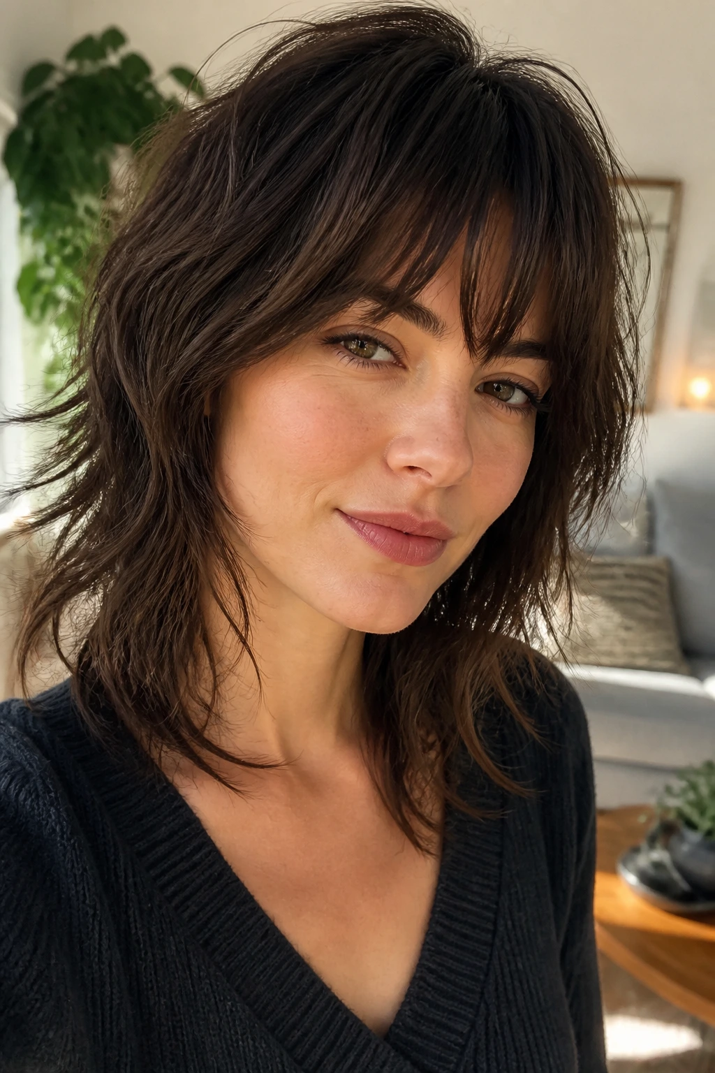 Real woman with feathered shag bangs in a cozy living room
