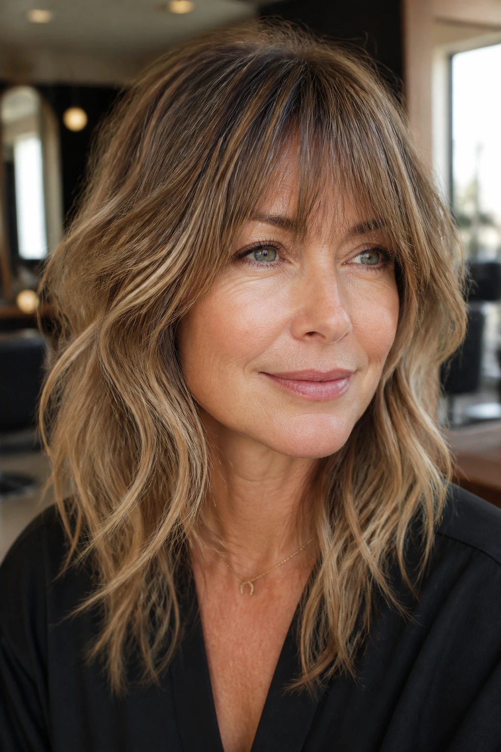 Close-up of a real woman with feathered shag bangs in a warm salon setting