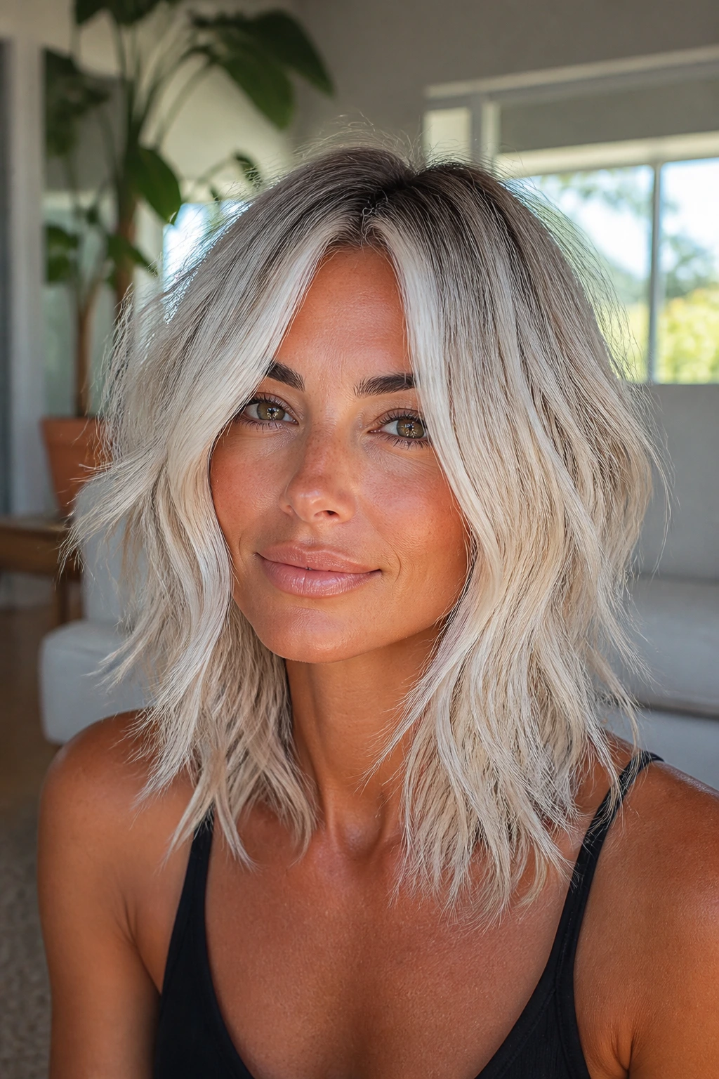 Close-up portrait of a real woman with feathered shag and bright face framing on platinum hair.