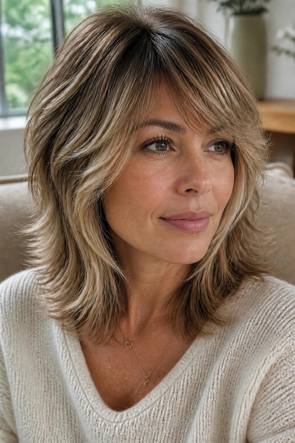 Portrait of a woman with feathered shag and face-framing lights