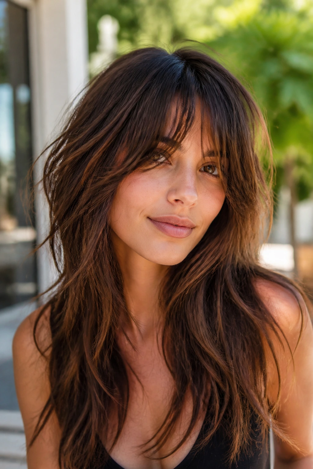 Close-up of a person with feathered shag fringe blending into lengthy layers outdoors