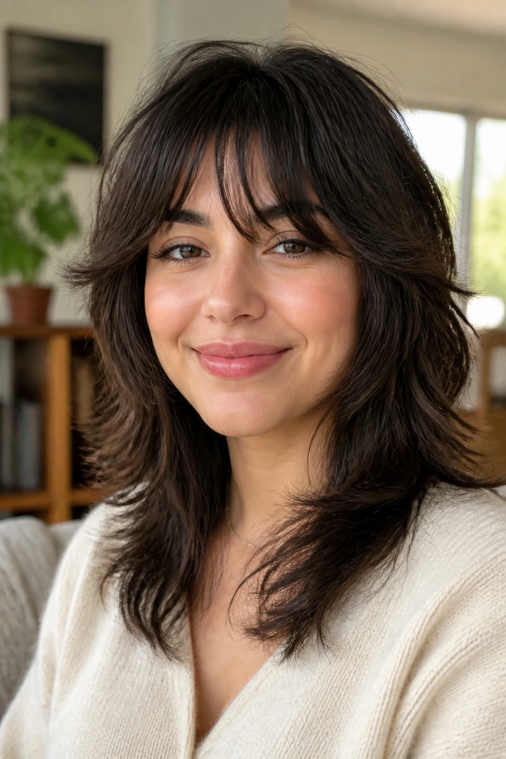 Close-up of a real woman with a feathered shag and light fringe in a cozy indoor setting