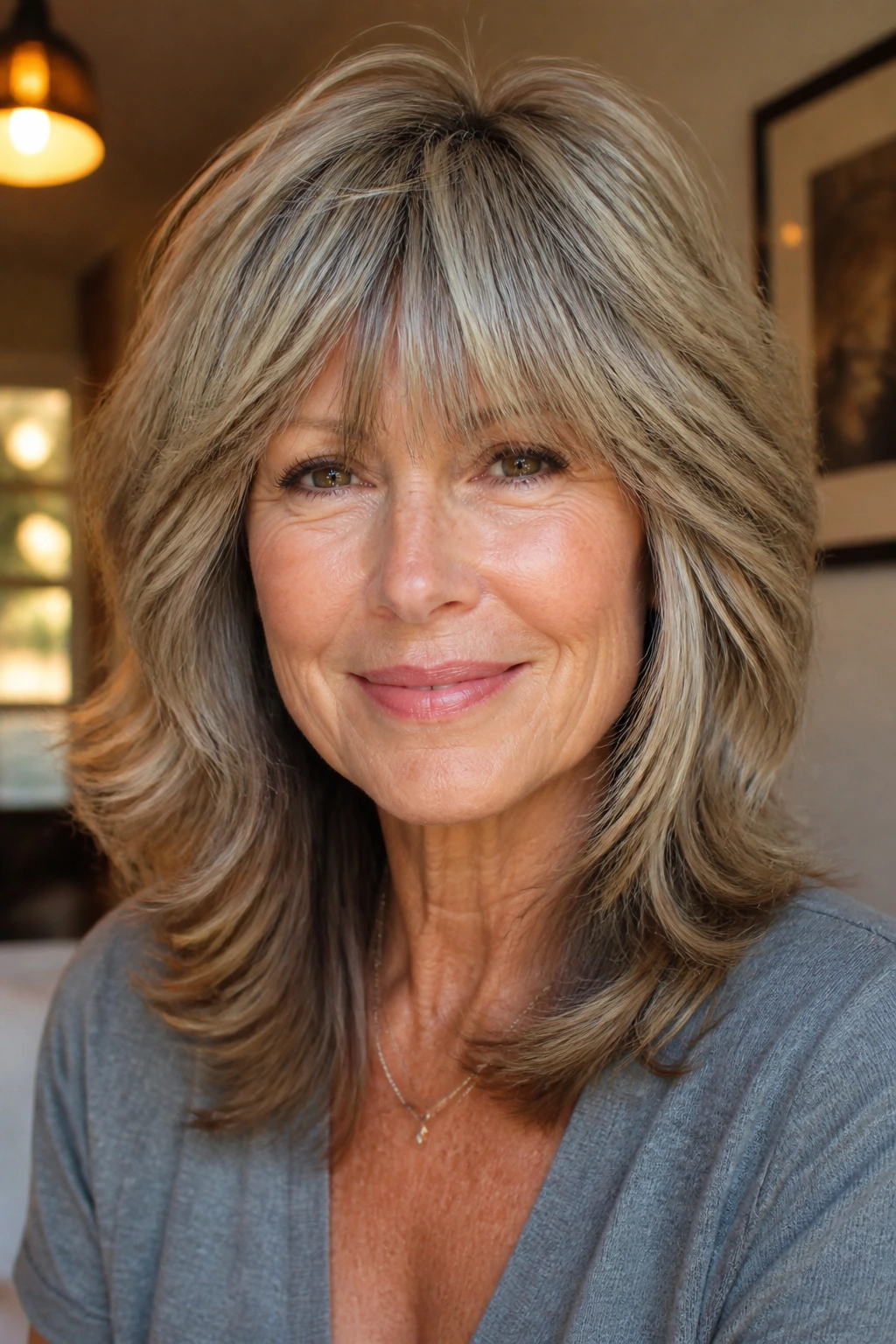 Portrait of woman with feathered shag and brow-skimming fringe