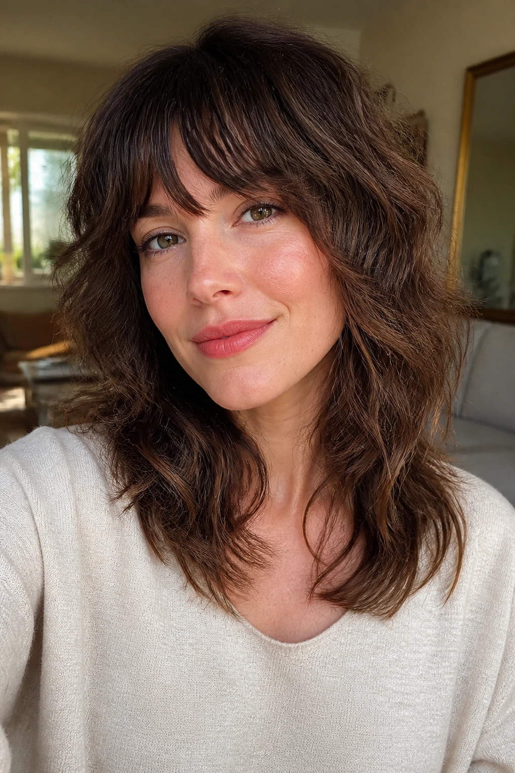 Real woman with feathered shag and soft fringe