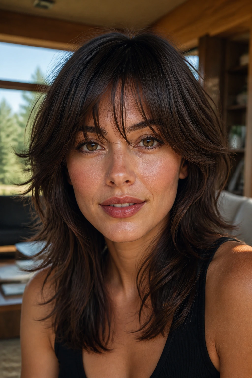 Close-up of a real woman with feathered shag and wispy fringe in natural light