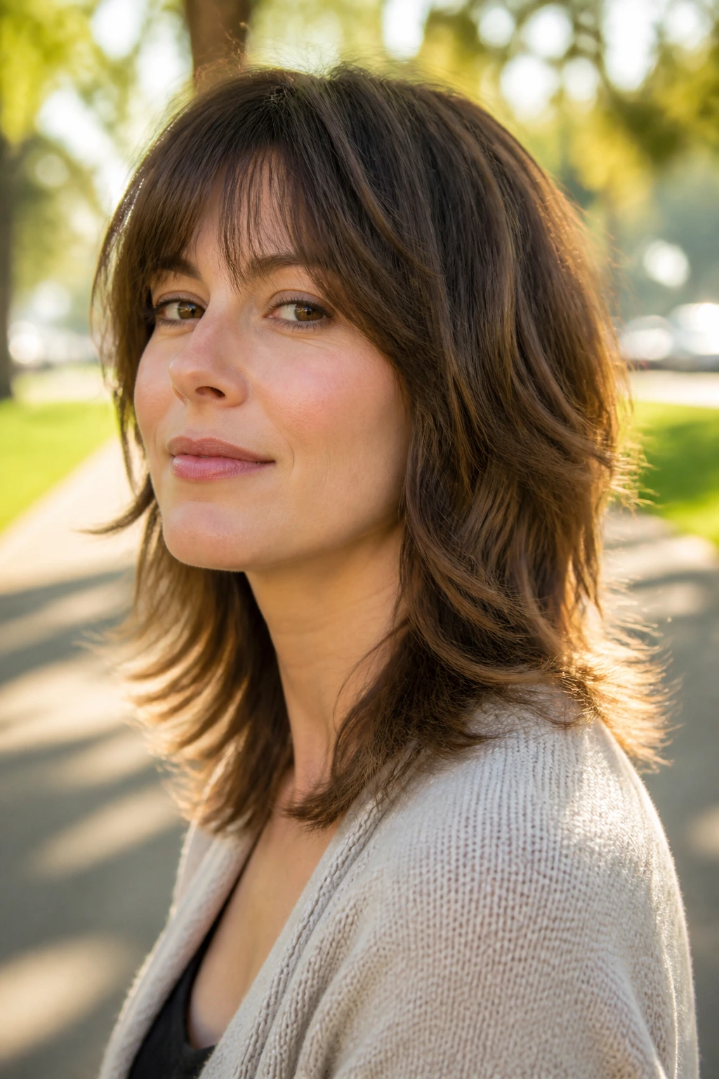 Portrait of a woman with a feathered shag and soft fringe.