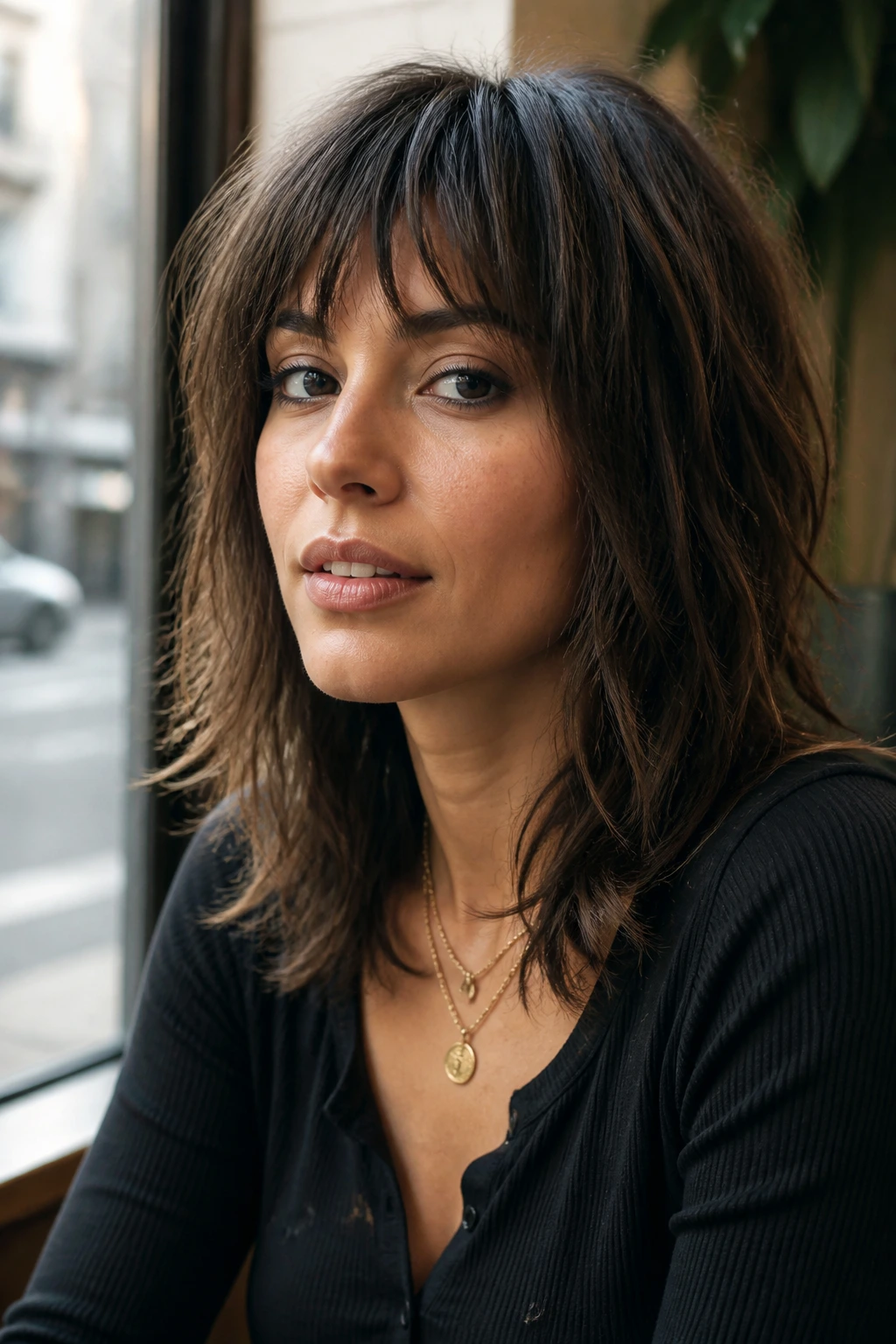 Close-up portrait of a real woman with feathered shag and piecey fringe in daylight
