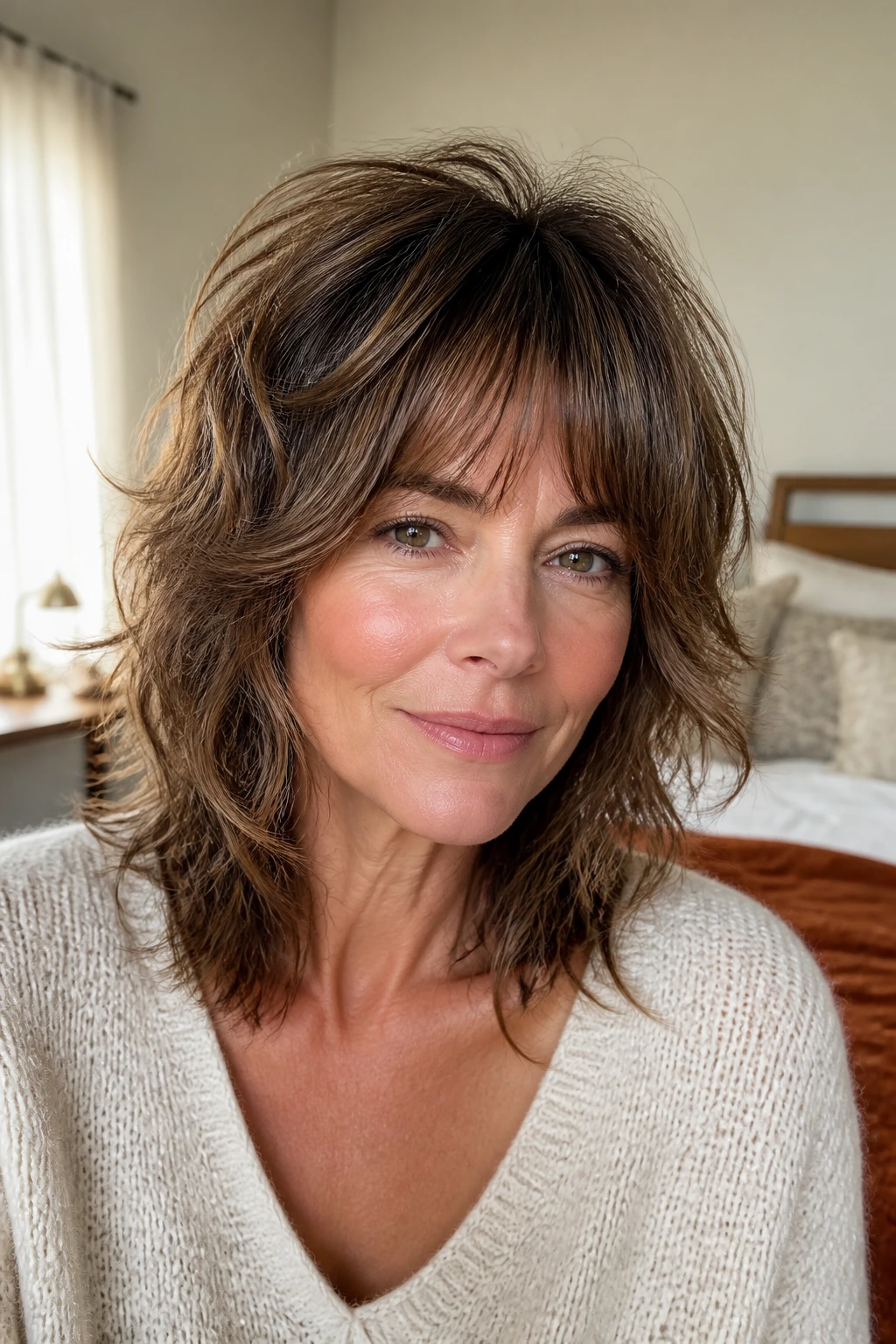 Portrait of a woman with a feathered shag hairstyle.