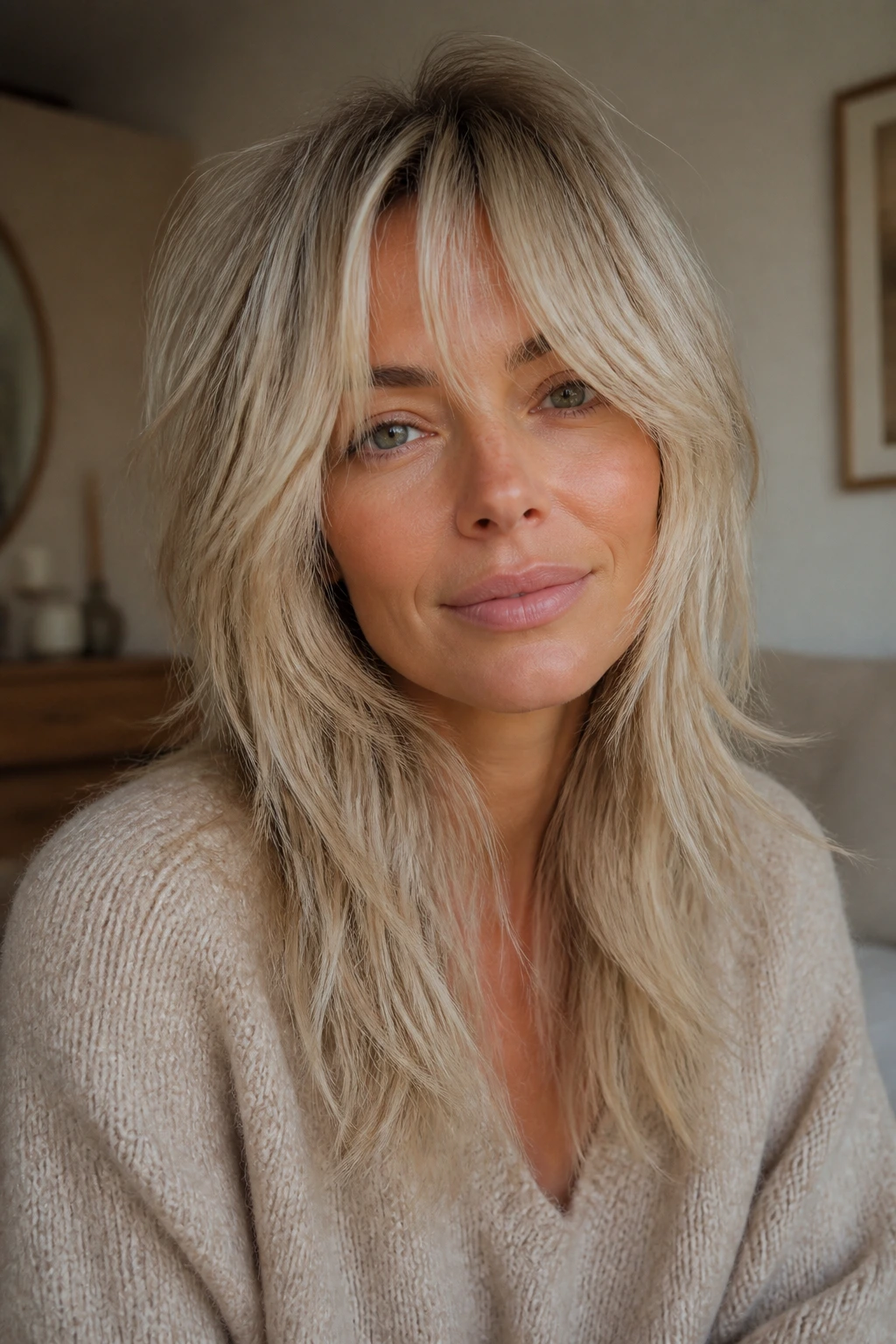 Close-up of a real woman with feathered shag layers on fine blonde hair