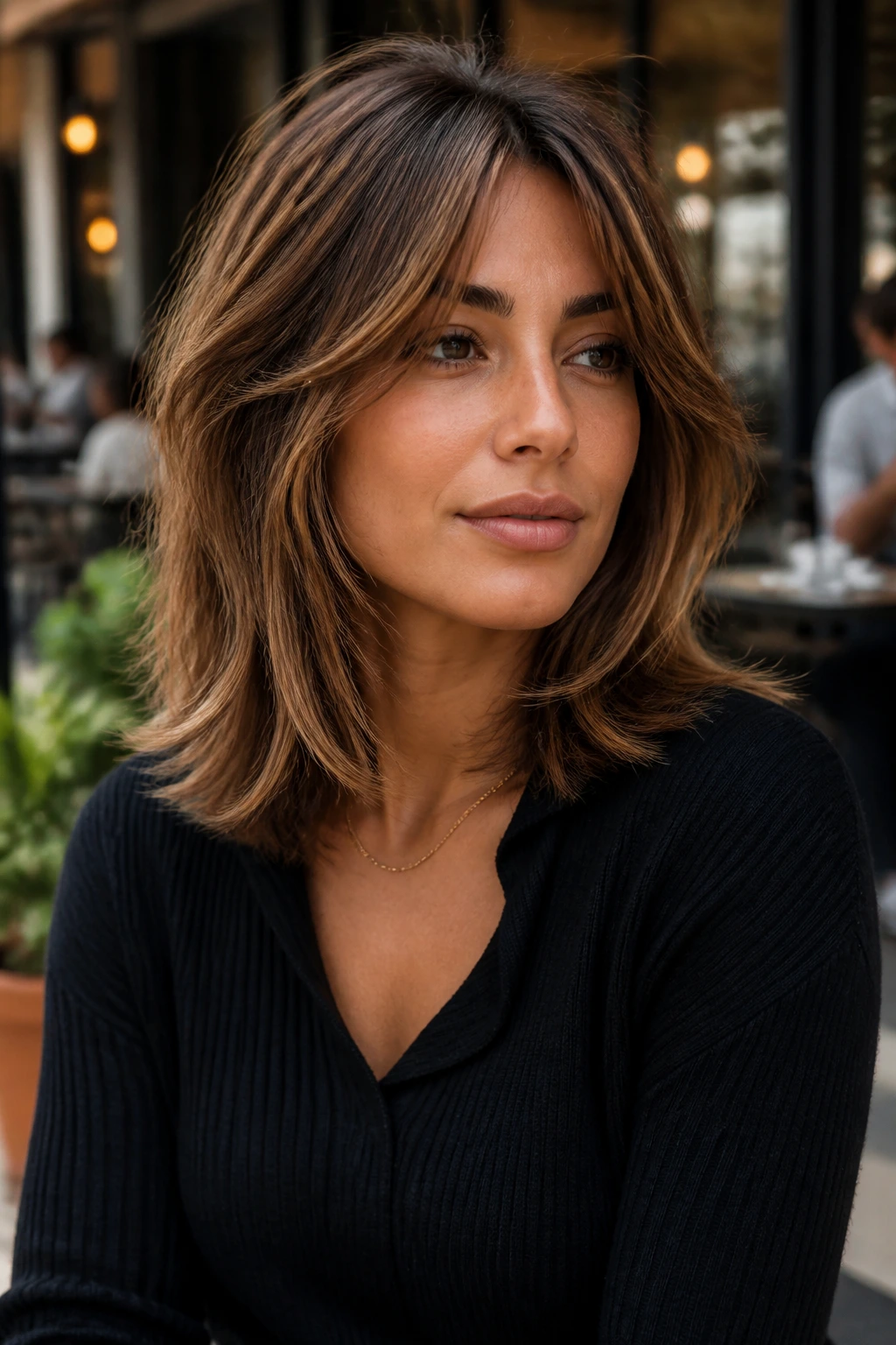 Portrait of a real woman with a feathered shag lob and caramel babylights