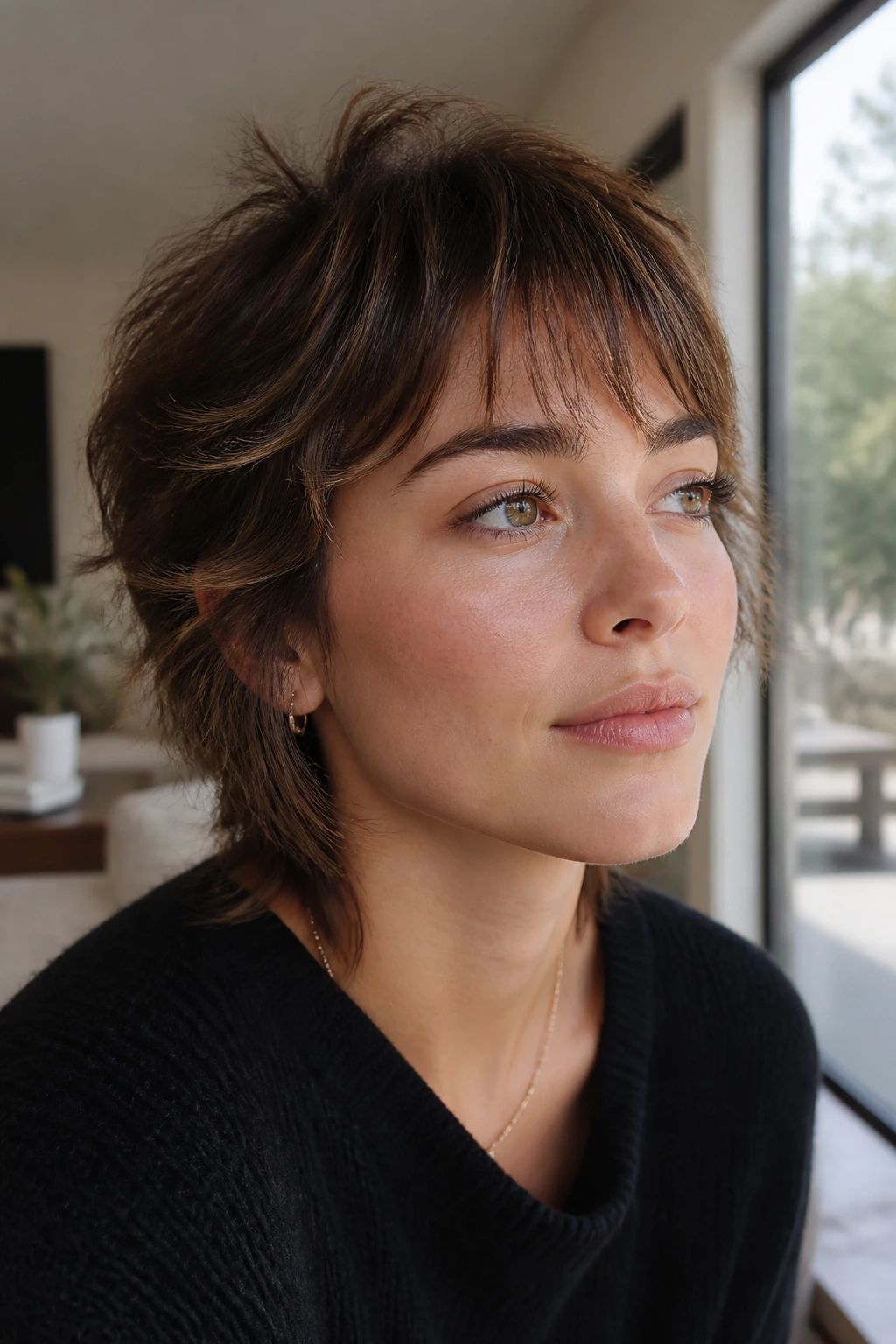 Portrait of a real woman with feathered micro shag and airy fringe in natural light