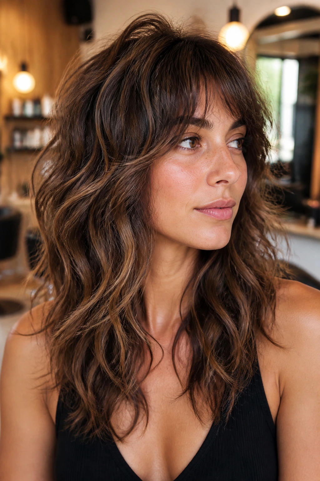 Close-up portrait of a real woman with a feathered shag and mocha lowlights.