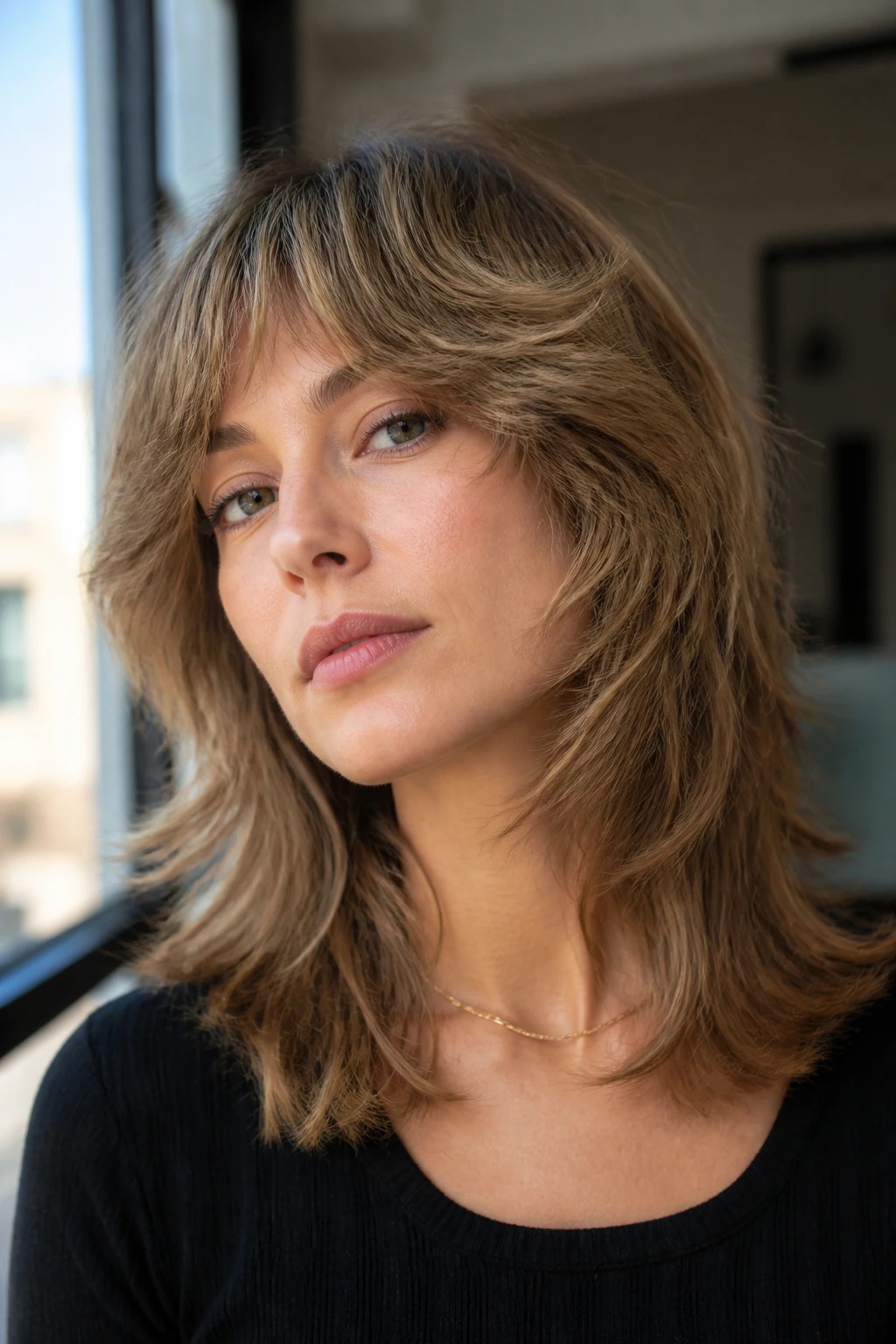 Close-up portrait of a real woman with a feathered 70s shag hairstyle and face-framing layers