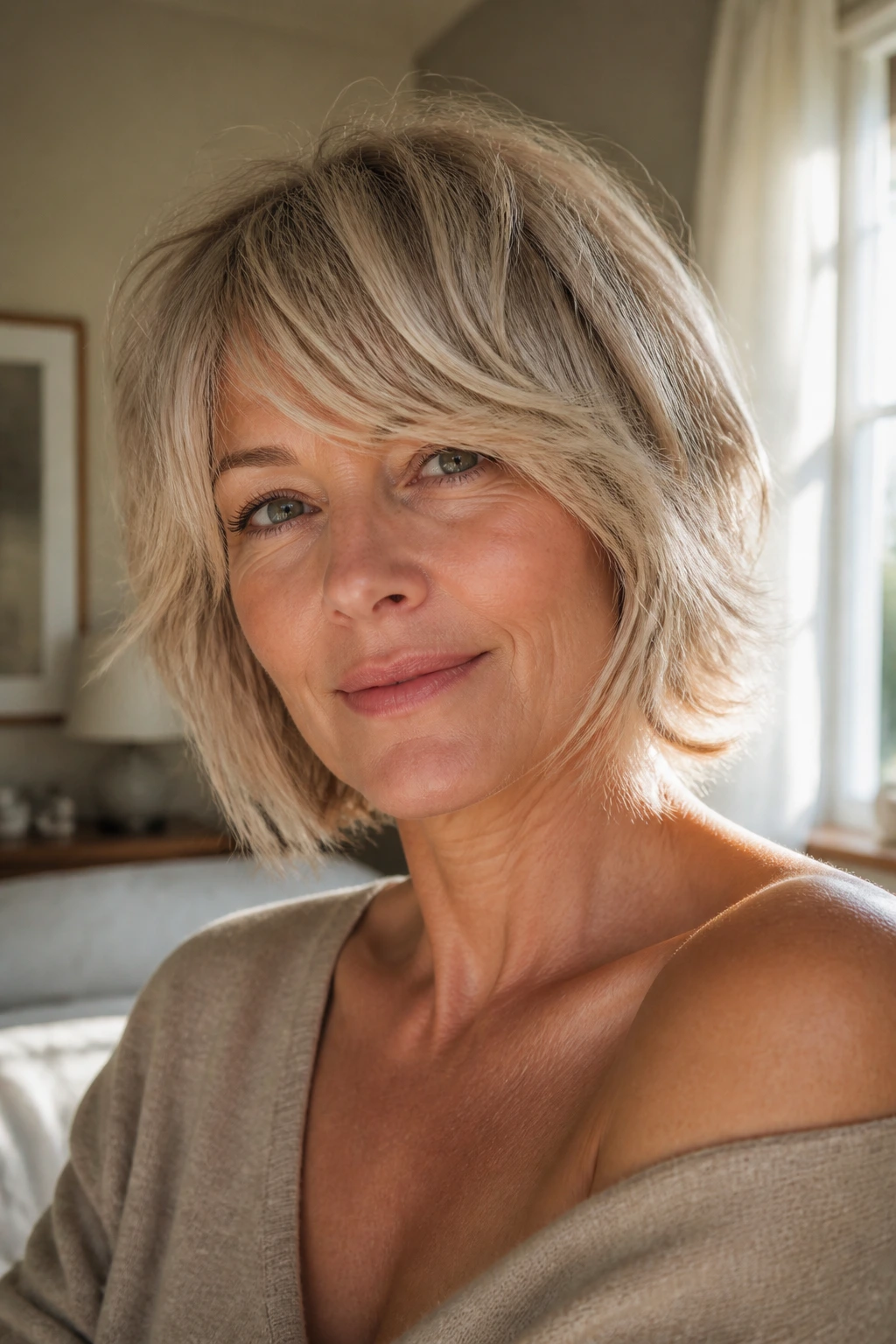 Close-up of a real woman with feathered chin-length shag and side-swept bangs