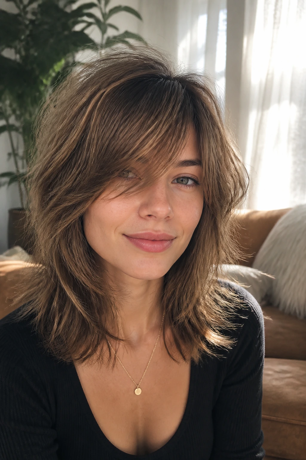 Close-up of a real woman with feathered shag and side-swept fringe