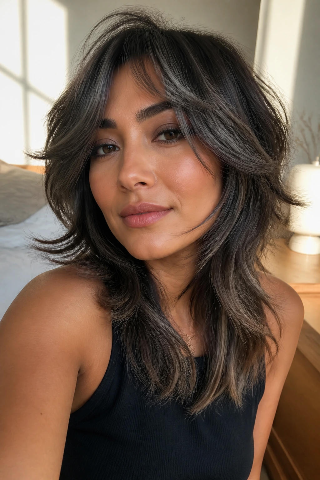 Close-up portrait of a woman with a feathered shag and smoke-toned lowlights on tan skin