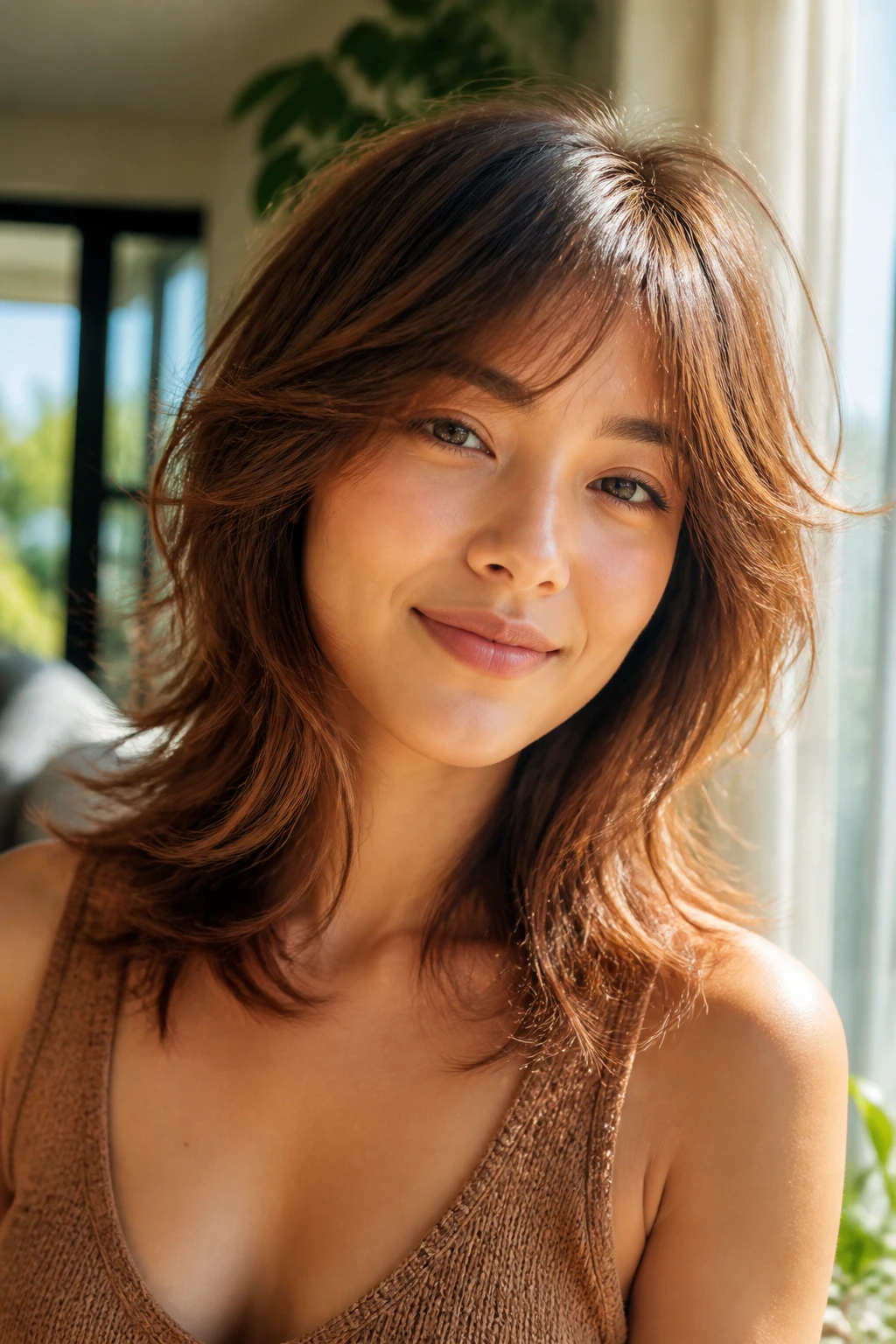 Real woman with feathered shag and soft layers, warm copper-bronze tones, side profile in sunlit room