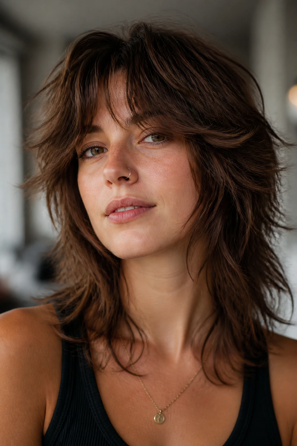 Portrait of a real woman with feathered shag layers breaking up width