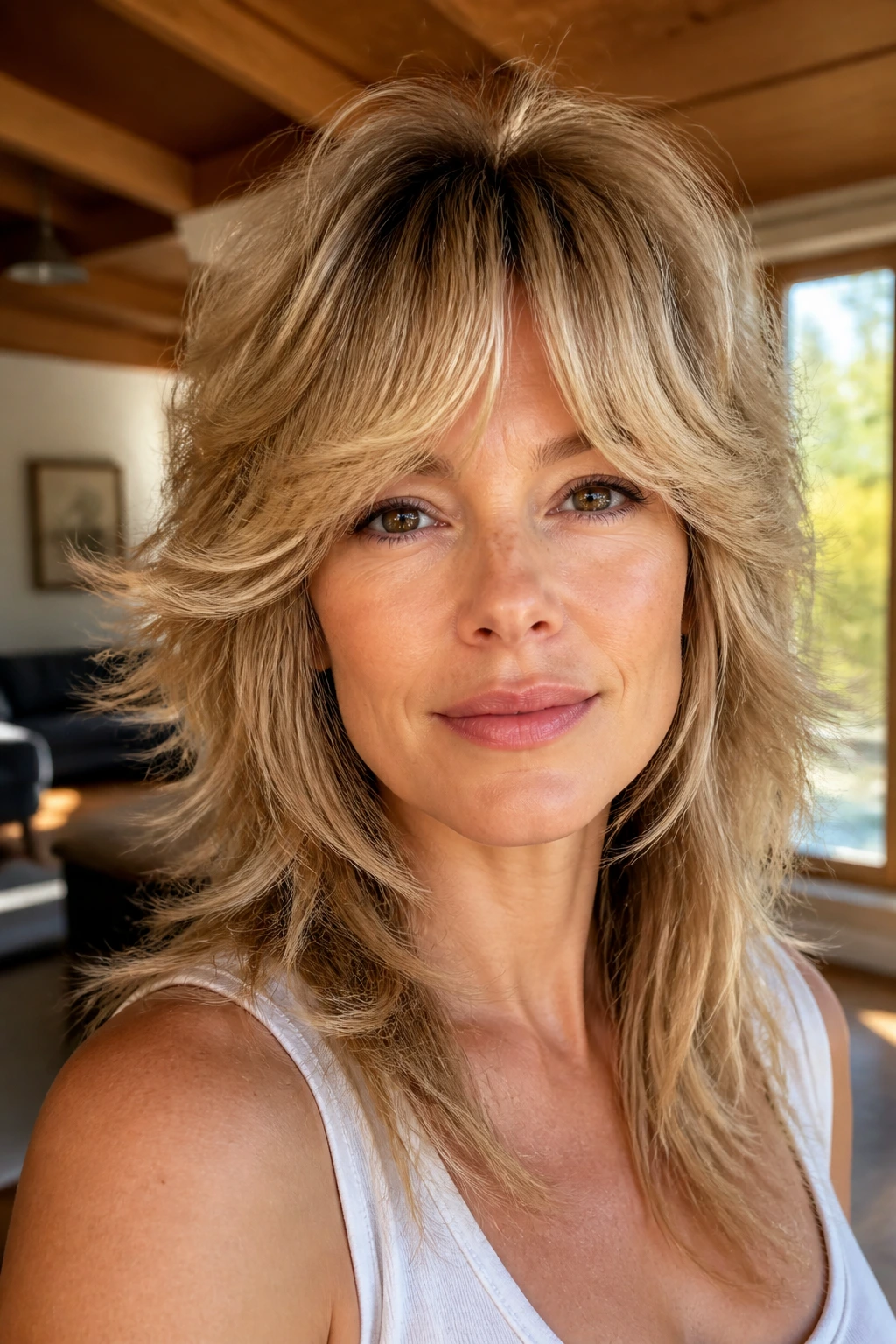 Close-up portrait of a real woman with feathered face-framing layers creating movement on thick hair.