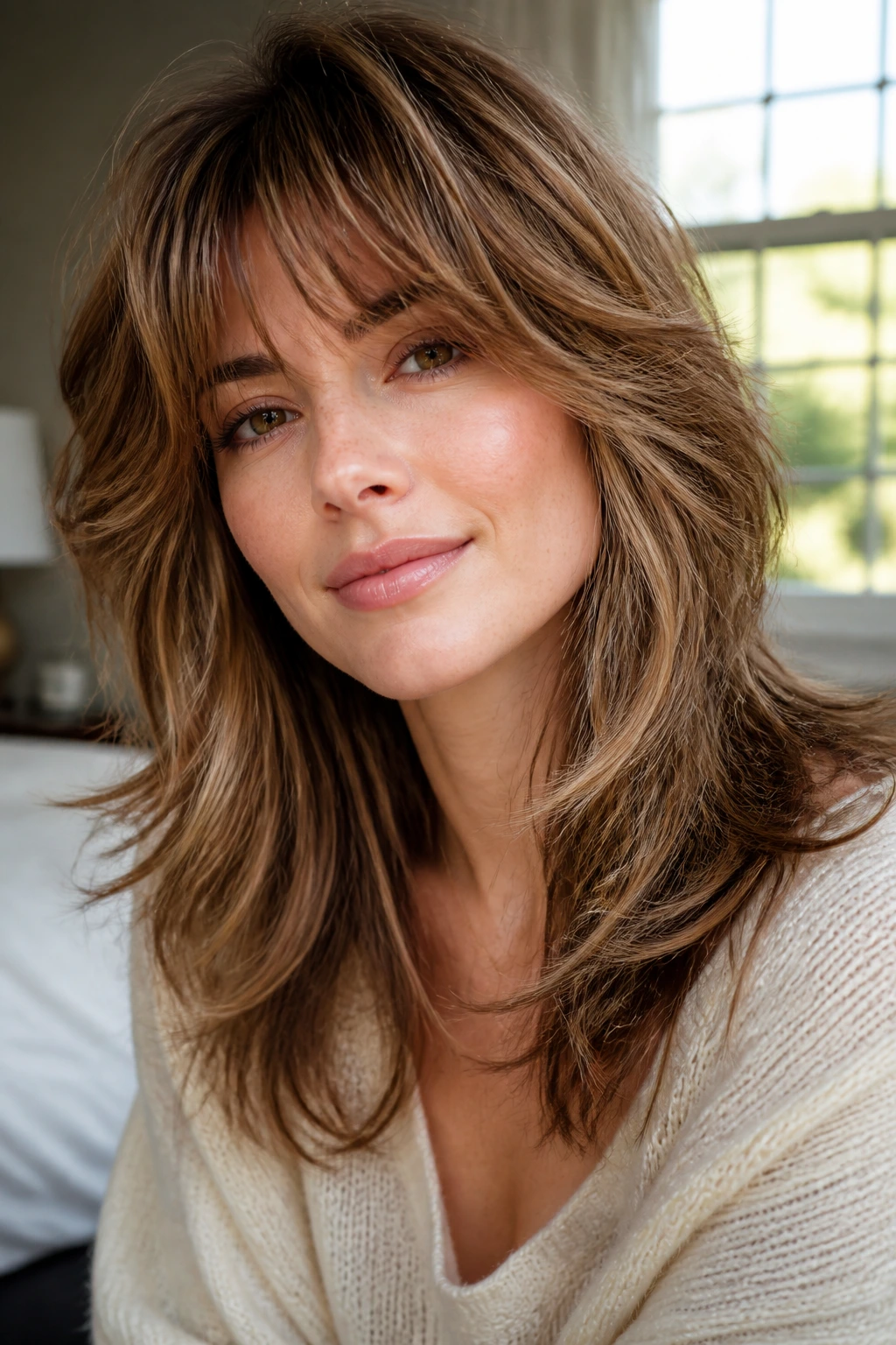 Close-up of a real woman with a feathered shag and toasted brown highlights occupying most of the frame