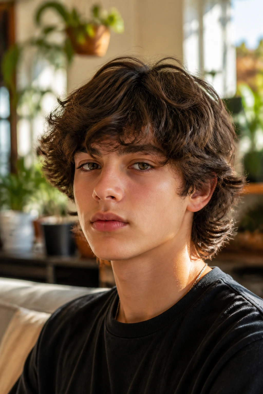 Close-up of a real boy with a feathered shag hairstyle, layered wavy hair in a bright room