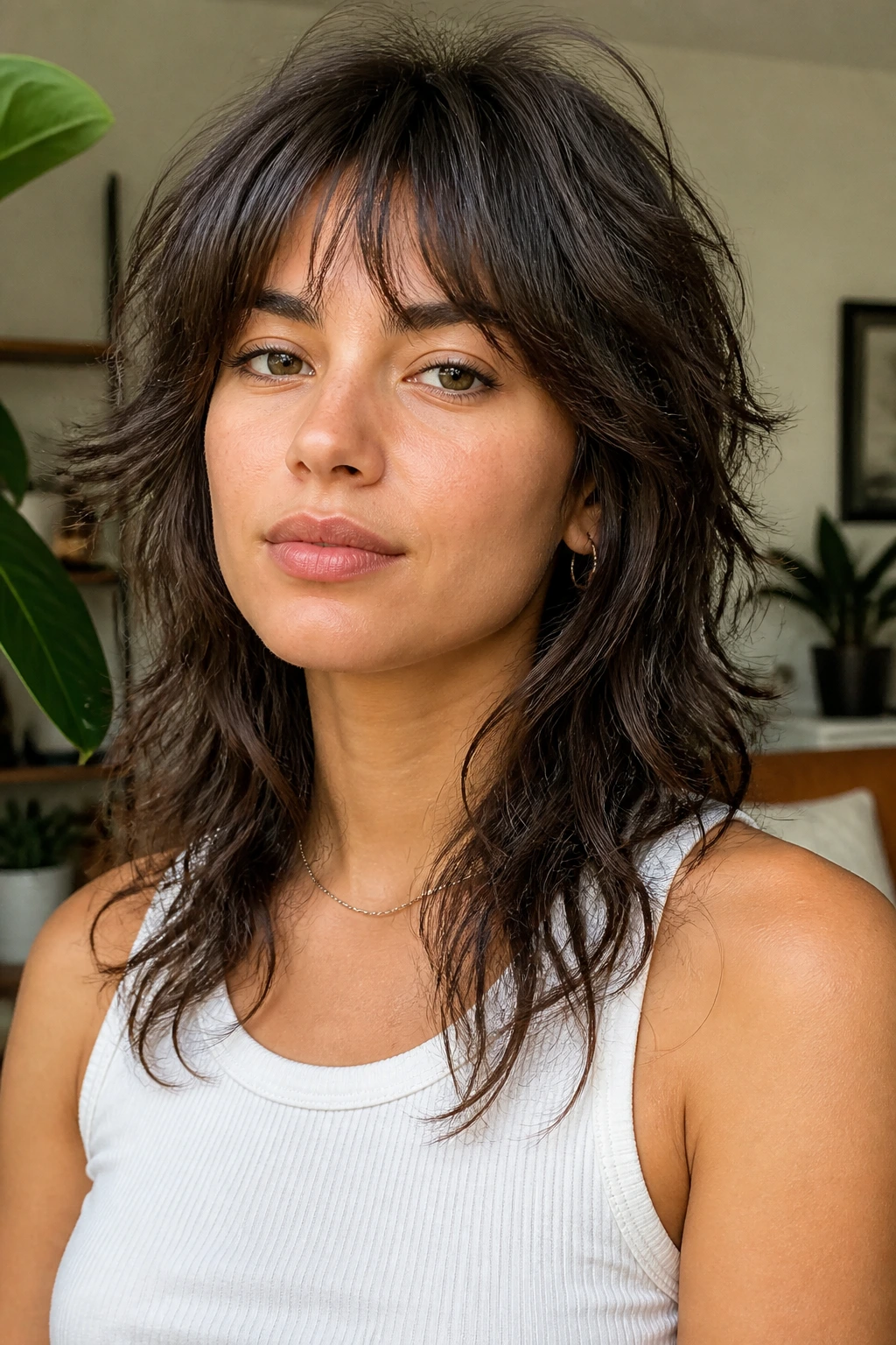 Portrait of a real woman with feathered shag-wolf hybrid, soft texture and vertical framing.