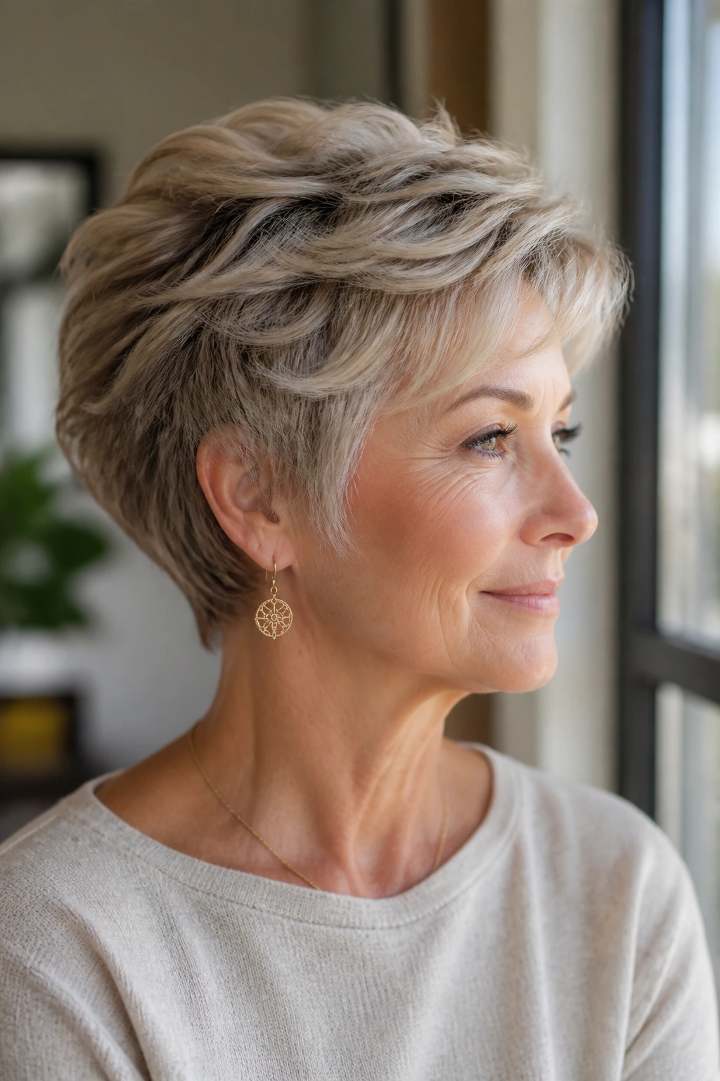 Close-up of a real woman with a feathered short cut and a longer top