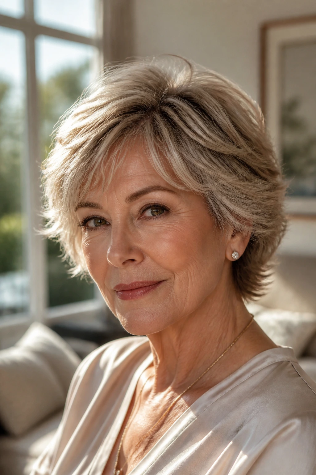 Close-up of a real woman with a feathered short cut and luminous shine
