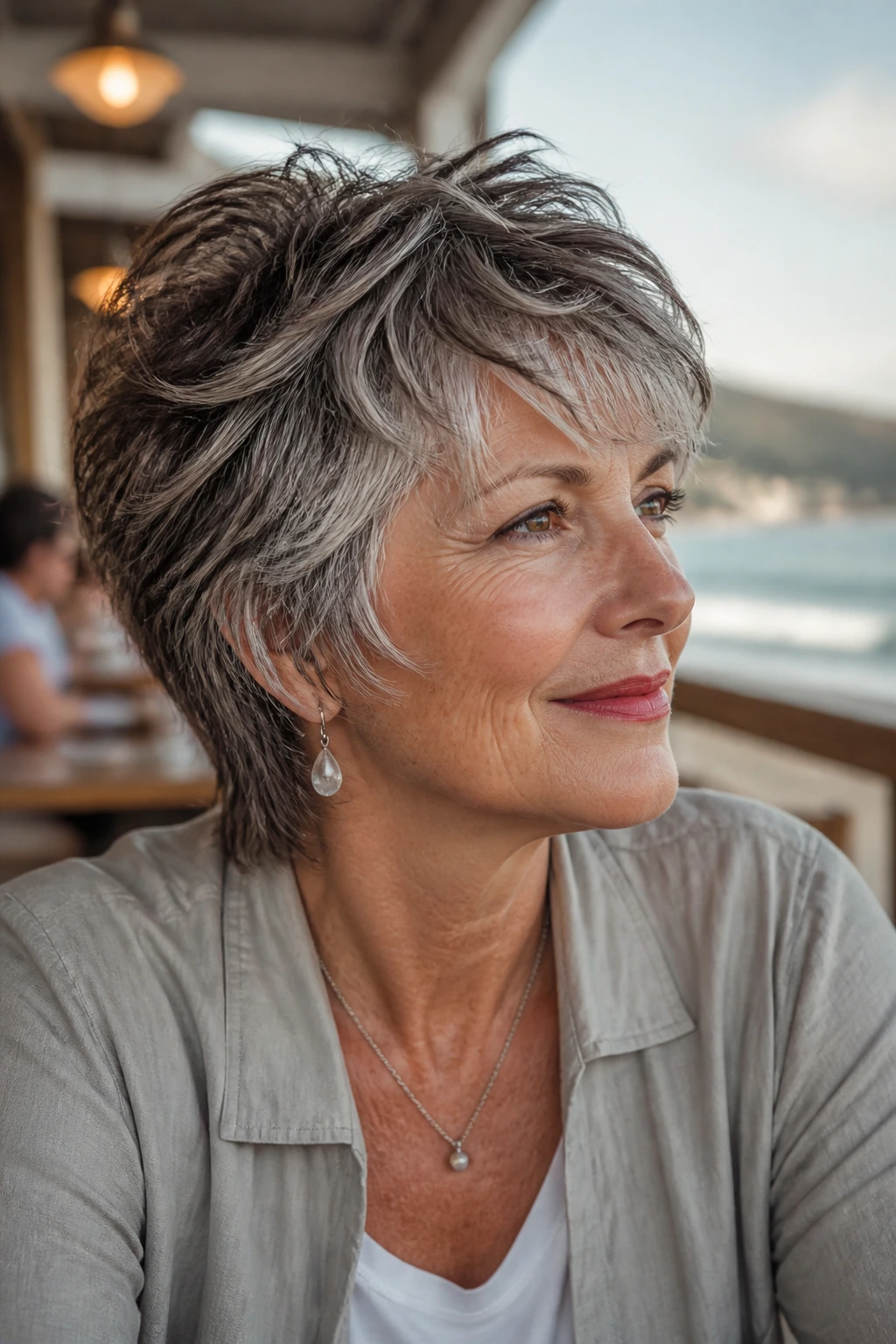 Close-up of a 60s woman with feathered short shag hairstyle.