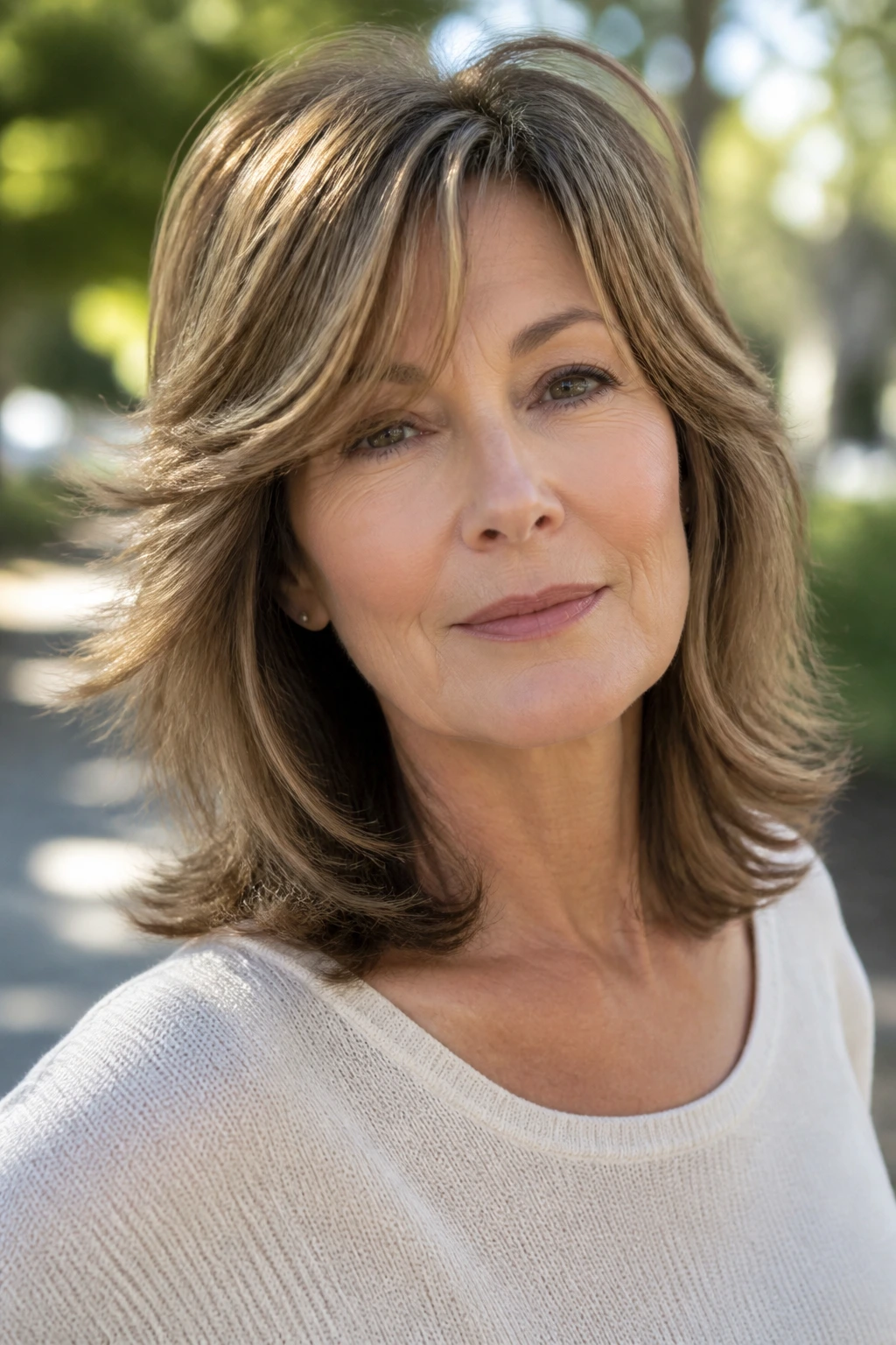 Close-up of a real woman with feathered shoulder-length hair and side-lift curtain bangs