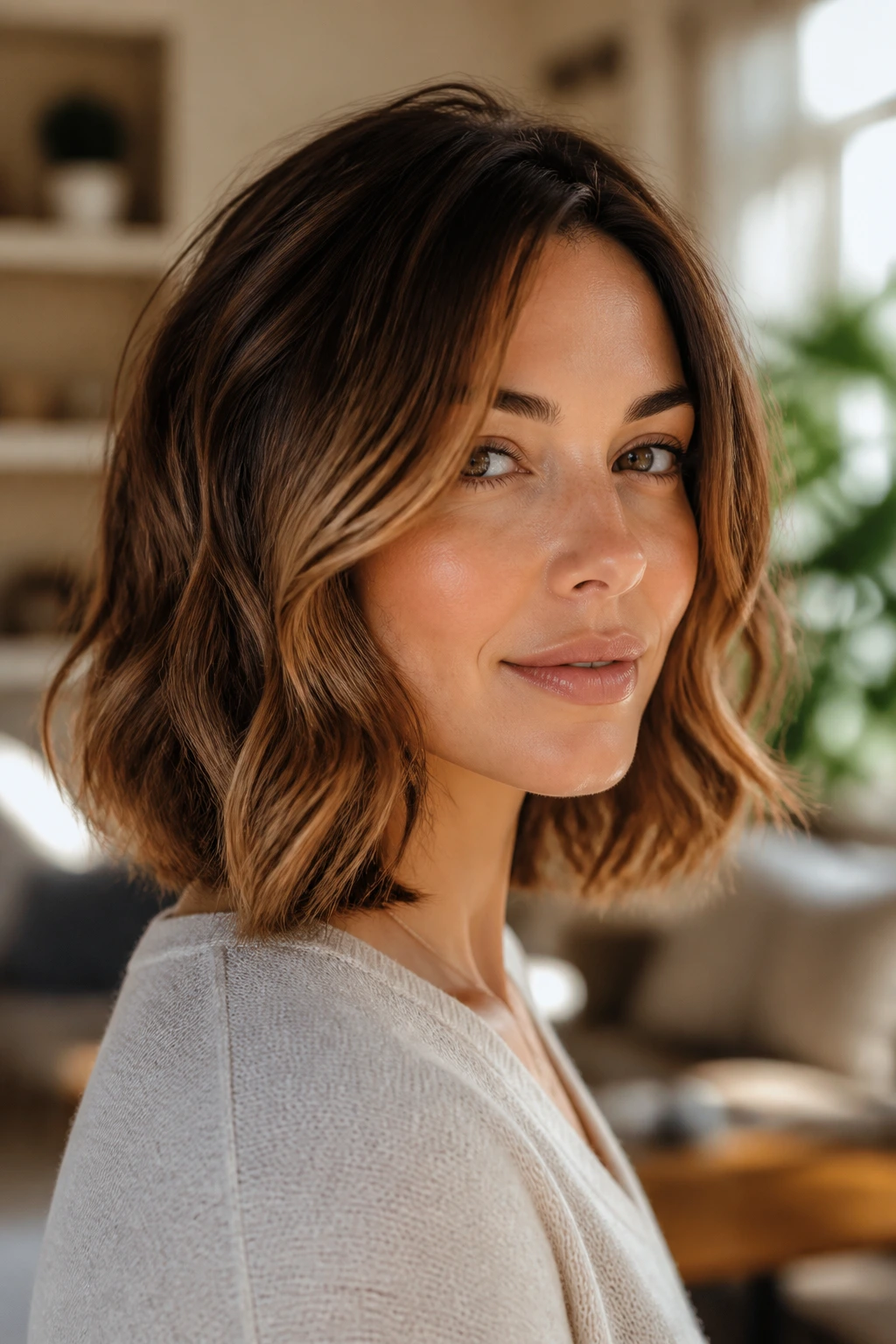 Real woman with shoulder-length feathered bob in a cozy room