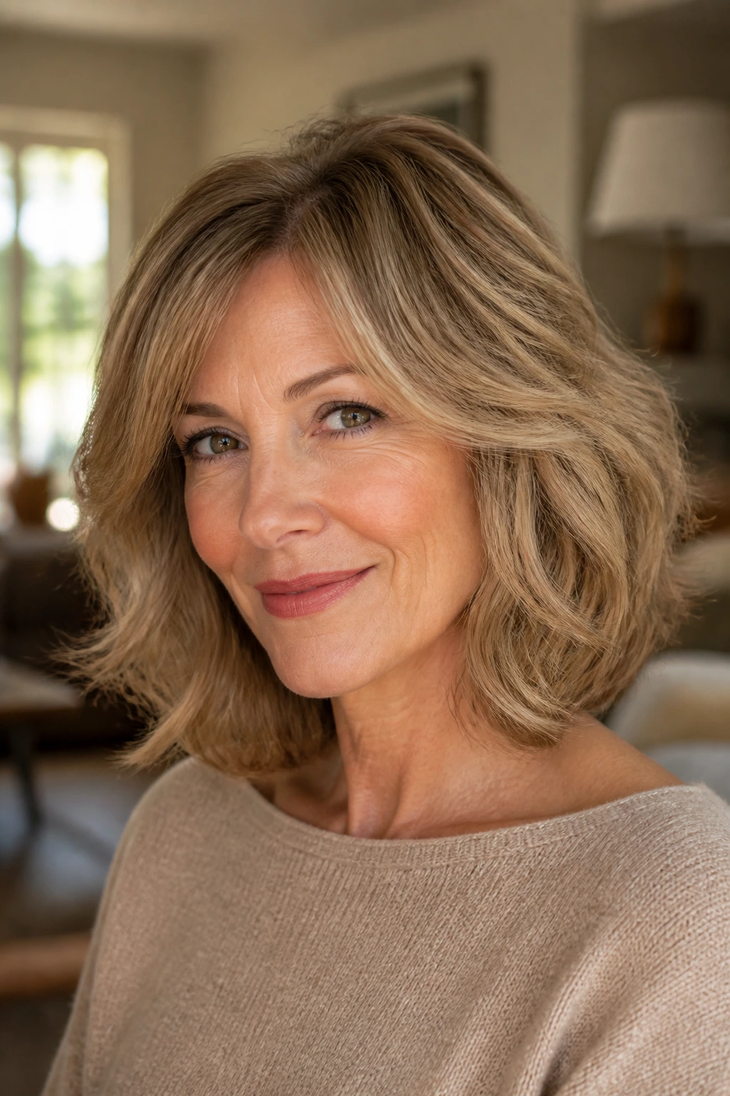 Close-up portrait of a real woman with a feathered shoulder bob in soft window light