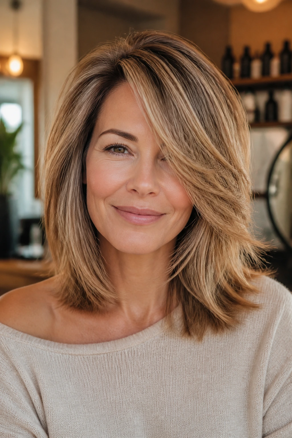 Woman with feathered shoulder-length cut and deep side part