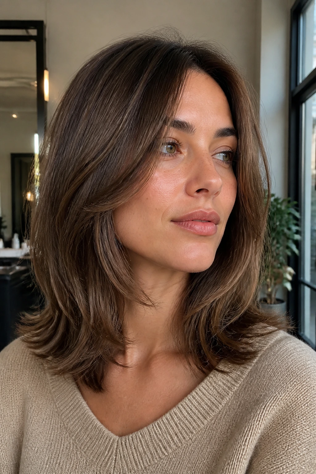 Close-up of a real woman with a feathered shoulder cut showing soft feathering near the jaw.