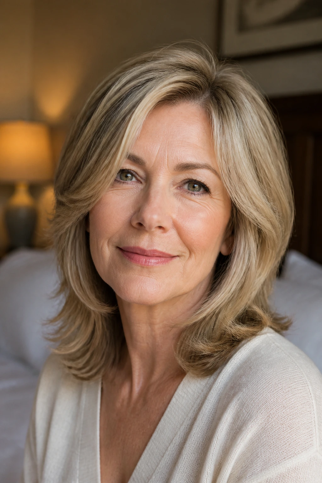 Portrait of a woman with a feathered shoulder length haircut on a long face