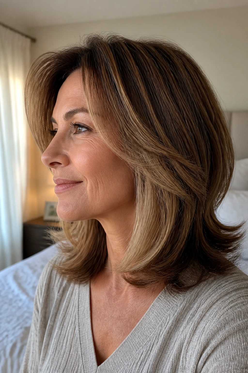 Close-up of a woman with a feathered shoulder-length haircut and flipped ends in warm bedroom light.