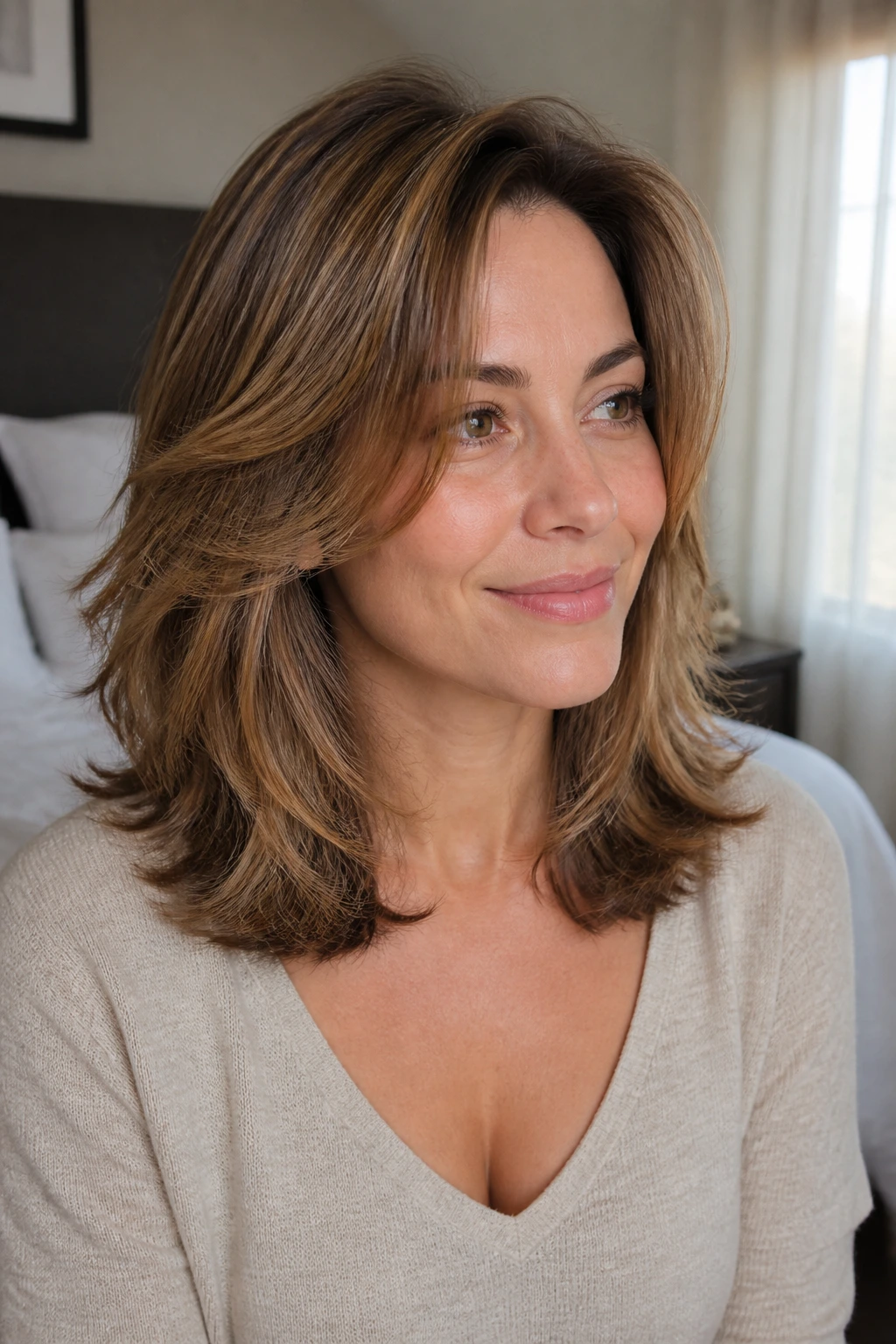 Close-up of a real woman with a feathered shoulder cut and soft movement