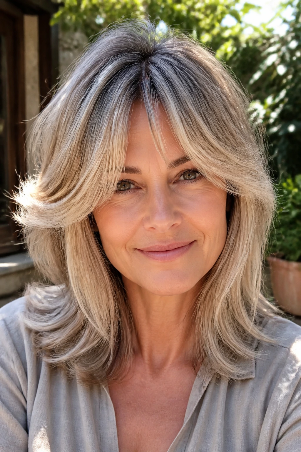 Real woman with feathered shoulder cut and root lift, curtain bangs.
