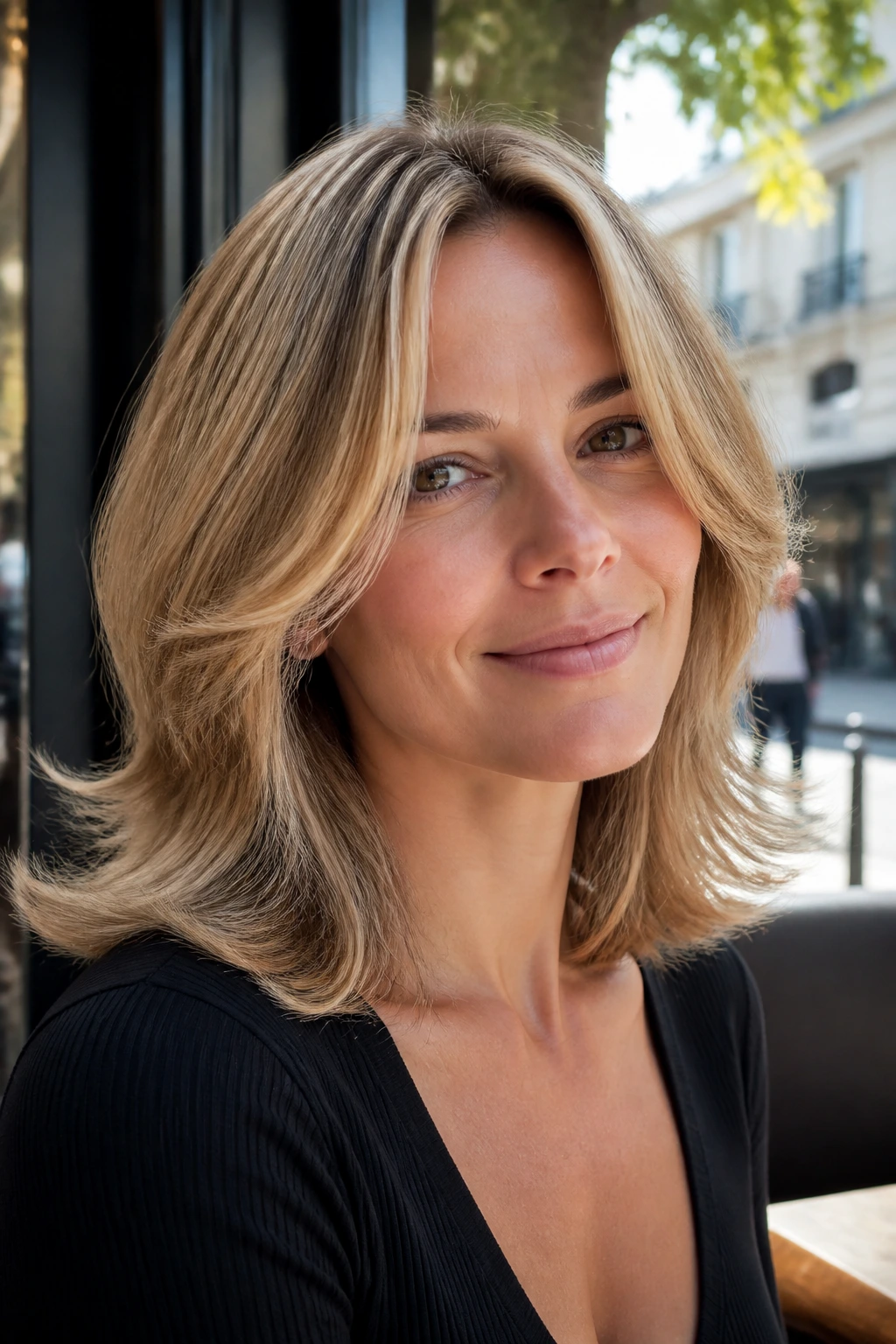 Close-up of a real woman with a feathered shoulder flip in daytime cafe light
