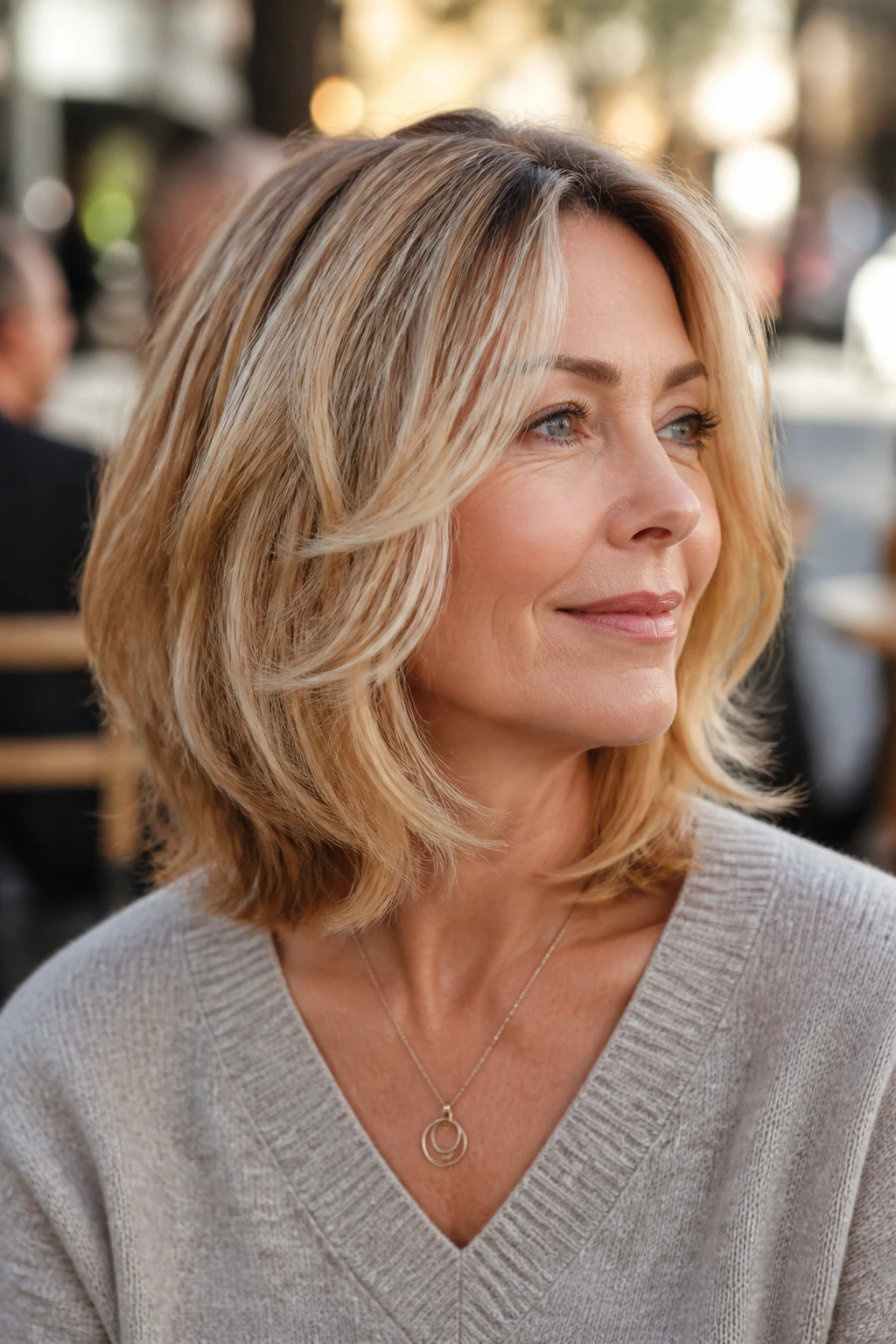 Real woman with feathered shoulder grazing lob in honey champagne blonde, outdoors, soft light.