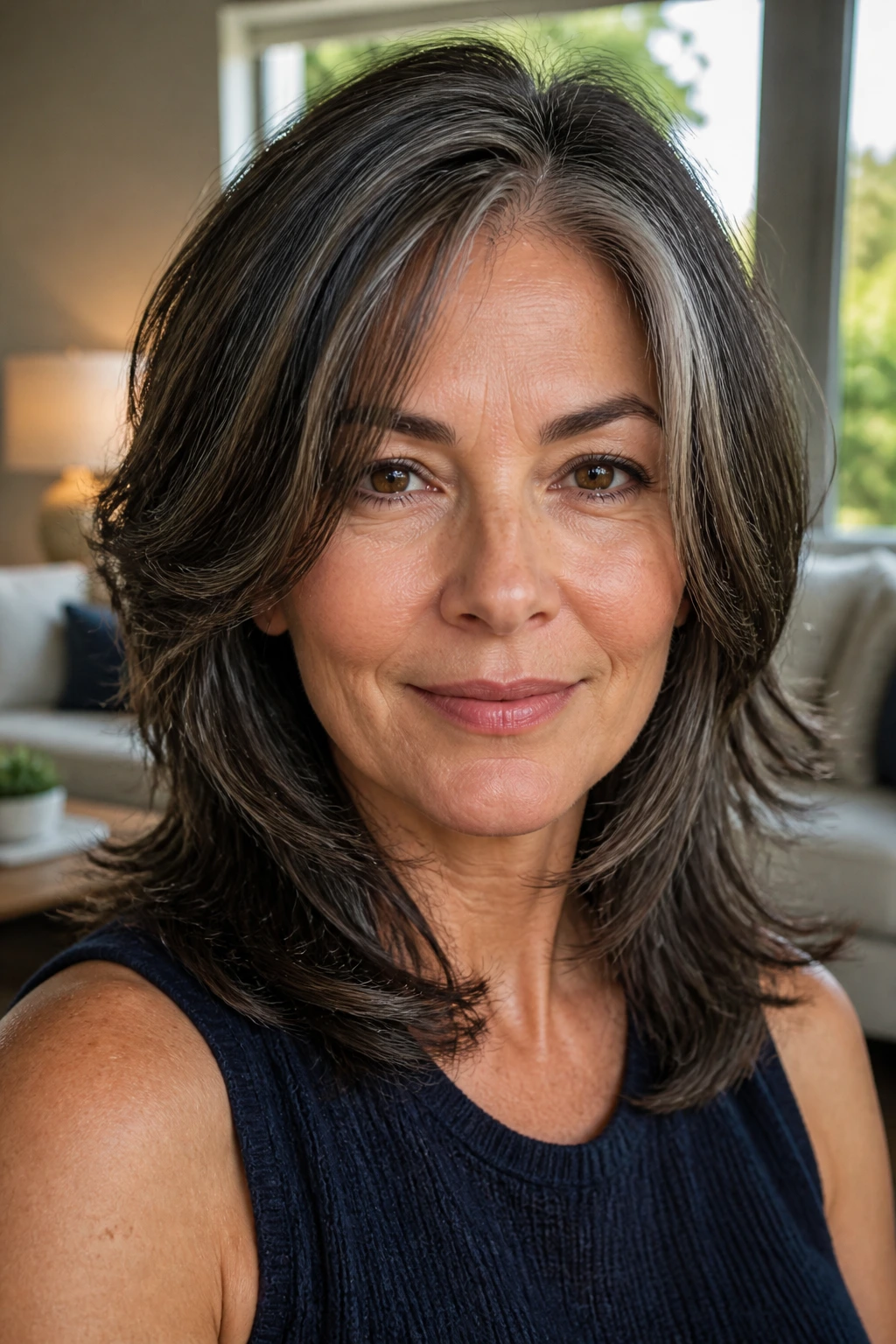Close-up of a real woman with feathered shoulder-length cut showing movement and silver strands